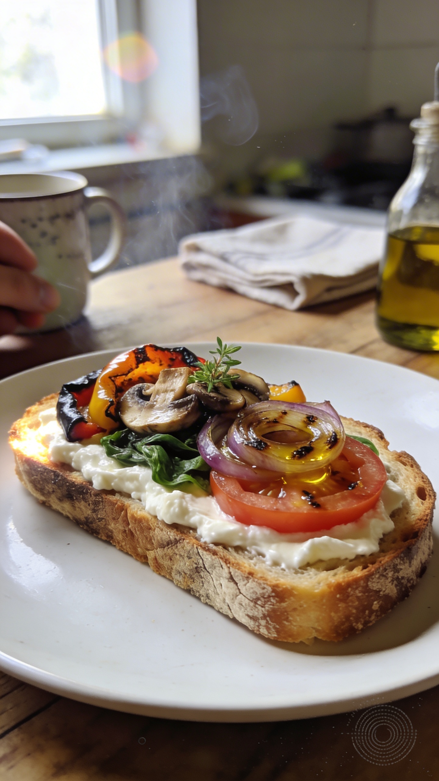 A real, authentic photo of a Sourdough Cottage Cheese Toast featuring Umami Garden toppings: a slice of rustic sourdough toasted to a golden-brown, thick layer of creamy cottage cheese spread, topped with a vibrant mix of earthy veggies—bell peppers, mushrooms, and spinach—plus juicy tomato slices and roasted garlic or caramelized onions for depth. The toast sits on a casual setting: a simple white plate on a wooden table near natural window light, with a small herb sprig for color. The vegetables are roasted/charred and sautéed, slightly glossy from olive oil, with a few char marks for texture. The scene includes a hint of kitchen clutter in the background for realism (a mug, a folded napkin, maybe a bottle of olive oil). Shot quickly with natural, imperfect handheld vibe: slight overexposed highlights on the bread edge, a subtle lens flare from the window, minor motion blur from a passing hand or steam, grain visible in the print-like photo, and a gently tilted horizon. No text, no staged posing, no AI cues—fingerprint on the lens and a compressed, 1080p quality feel, as if taken in a hurry. Subtle post-processing hints of mild color warmth and slight sharpening that look like a casual photo, not studio-grade.