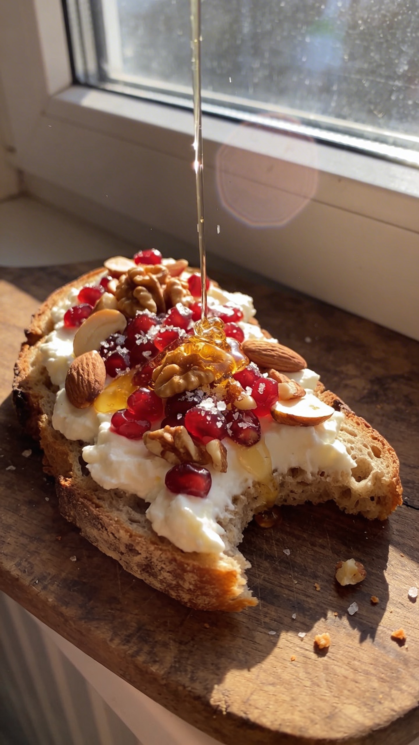 A close-up, real-photo style image of a hearty sourdough toast topped with creamy cottage cheese and a crunchy mix of toppings, featuring pomegranate arils, toasted nuts (walnuts and almonds), and a light drizzle of honey, finished with a pinch of flaky salt. The toast sits on a rustic wooden board near a sunlit window, captured in natural handheld iPhone-style lighting. The scene shows casual, imperfect composition: bread slightly askew, a bite taken from one edge, tiny crumbs scattered, and a soft lens flare from the window. Subtle overexposed highlights on the honey drizzle, minor motion blur from a small hand tremor, and a slightly tilted horizon to convey spontaneity. Grain visible in the shadows, compressed 1080p look, fingerprint on lens hint, no staged setup, no text, no AI cues. Subtle post-processing note: lightly scaled down and up again with a touch of sharpening, giving a real-world, smartphone-captured feel.
