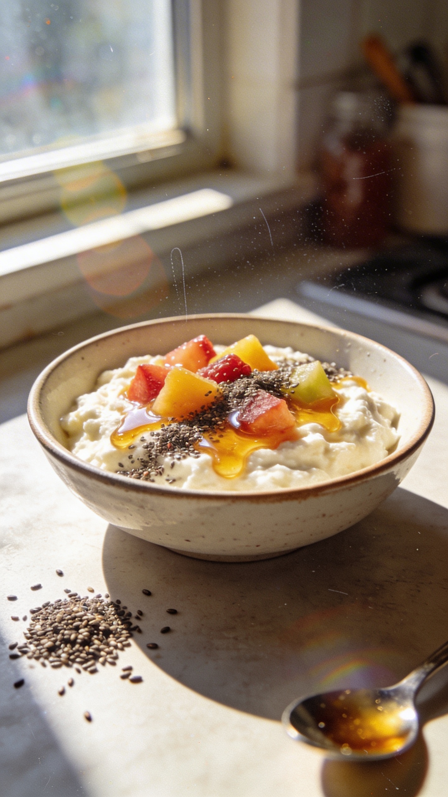 A realistic, candid iPhone photo of a Sunrise Creamy Cottage Cheese Bowl as the main subject, set on a casual kitchen counter near a sunlit window. The bowl sits in a simple ceramic dish with a mellow, creamy cottage cheese base, topped with fresh fruit bites, a drizzle of honey, a sprinkle of chia seeds, and a few chia seeds scattered nearby. The scene includes a lightly blurred background with everyday kitchen items to convey a lived-in morning routine. Natural window light creates gentle shadows and slightly overexposed highlights on the glossy fruit and honey drizzle, with a subtle lens flare from the sun. Slight imperfections: a faint fingerprint on the lens, a tiny tilt of the horizon, and minor motion blur on a teaspoon resting near the bowl. Grain varies with light to mimic real-camera texture; colors are bright but not exaggerated, as if captured quickly without staging. The shot feels like “taken in a hurry,” with no text, no heavy editing, and no professional lighting. Compressed, 1080p quality, no depth-of-field obsession, no cinematic or studio cues, and no AI-detectable enhancement—just a natural, everyday breakfast moment. If there’s any post-processing hint, it’s a subtle, casual adjustment that keeps it looking like a real phone photo. No text on the image.