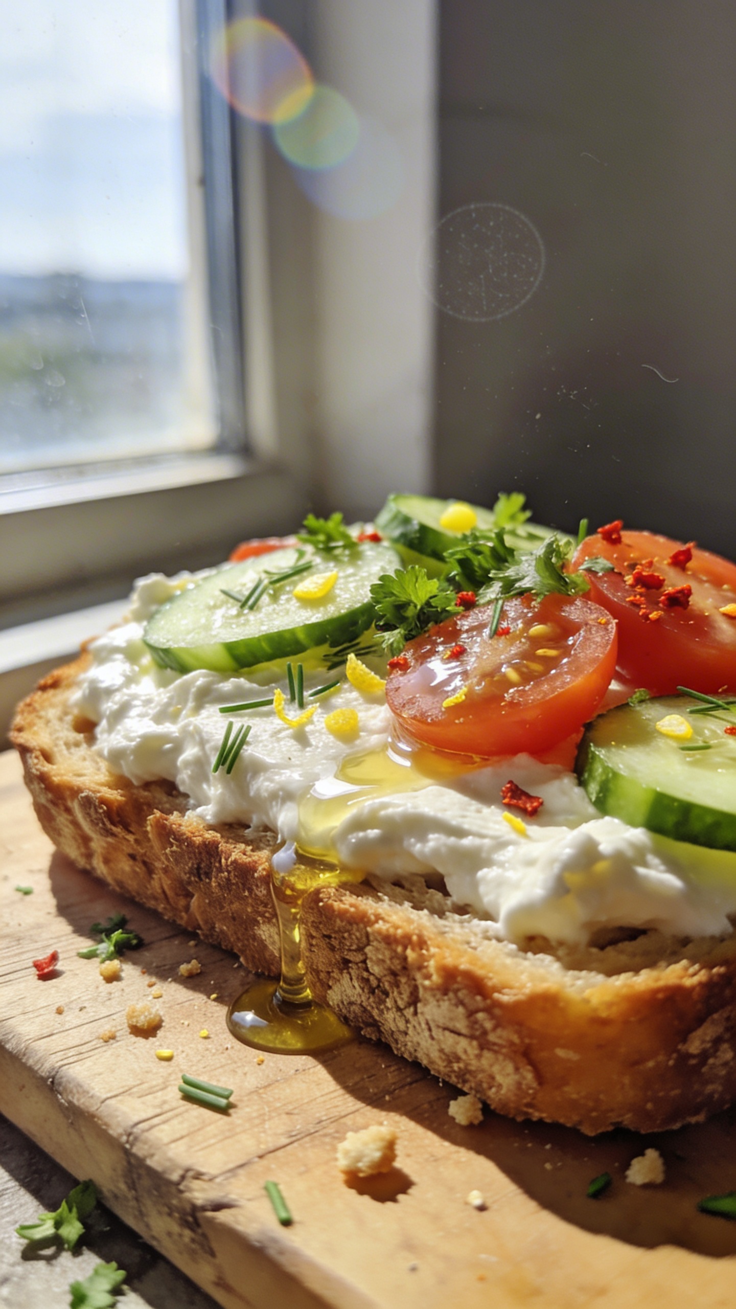 A real, authentic photo of Savory Cottage Cheese Power Toast as the main subject, shot as if taken casually after a workout. Crusty whole-grain bread toasted to a golden brown sits on a lightly textured wooden board. A thick, creamy cottage cheese layer is spread on top, glistening with a light drizzle of olive oil. Fresh herbs—such as chives or parsley—are sprinkled, with tiny lemon zest specks for brightness. A few cucumber slices, cherry tomatoes halved, and a pinch of red pepper flakes add a fresh veggie crunch and color pop. Natural window light from the side casts gentle shadows, emphasizing the rustic, homemade feel. Slightly imperfect composition: the plate slightly off-center, a hint of bread crumbs around, and a casual, imperfect sprinkle of herbs. Subtle overexposed highlights on the olive oil, a fingerprint on the lens edge, and a tiny lens flare from the window add realism. Subtle grain and a touch of motion blur from a quick handheld shot. Horizon may tilt slightly for authenticity. Shot quickly, no staging, no text, 1080p-ish quality, no AI artifacts. Optional subtle post-processing: a light, uneven color touch that keeps the scene natural, not overly polished, scaled down and up again with mild sharpening.