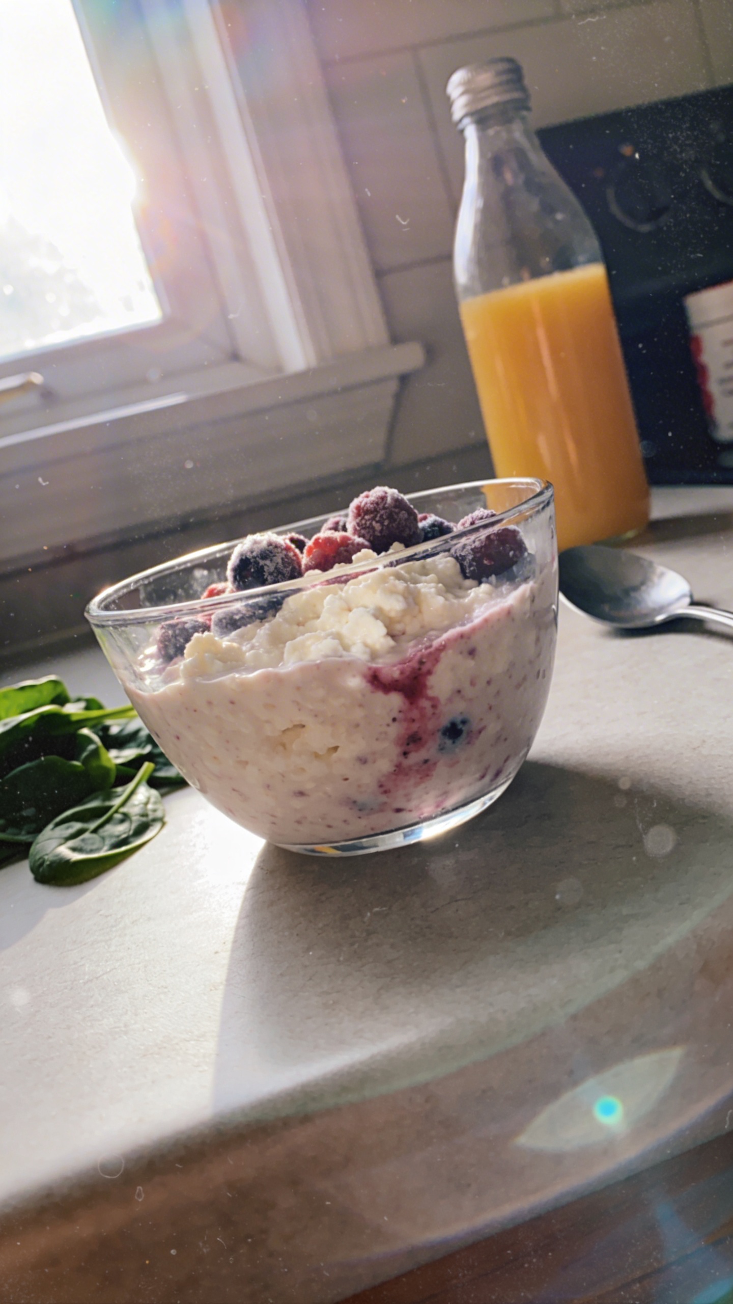 A casual kitchen scene featuring a bowl or glass containing a tangy cottage cheese smoothie with visible cottage cheese texture and a splash of color from frozen berries, placed on a simple countertop near a window. The main subject should be the smoothie as if photographed after a workout, with natural, candid feel: someone hands-free or quick shot, not staged. Use natural window light streaming in, slight overexposed highlights on the glass and fruit, a touch of lens flare, minor motion blur from a quick shake or movement, and a warm, slightly grainy look. Include everyday kitchen elements in the background (a bottle of orange juice, a spoon, a small pile of spinach leaves nearby) to convey a real living space. The photo should resemble a real iPhone capture taken in a hurry: slight tilt of the horizon, fingerprints or a small smudge on the lens edge, compressed 1080p quality, no visible text or branding on the image, no heavy editing that screams artificial. No words or logos, no cinematic or studio lighting cues, just a natural, authentic, slightly imperfect moment that shows a tangy cottage cheese smoothie ready to drink after a workout. Optional subtle post-processing hint: a tiny touch of smart blur and light sharpening to mimic light app adjustments, but keep the scene feeling real and unpolished.