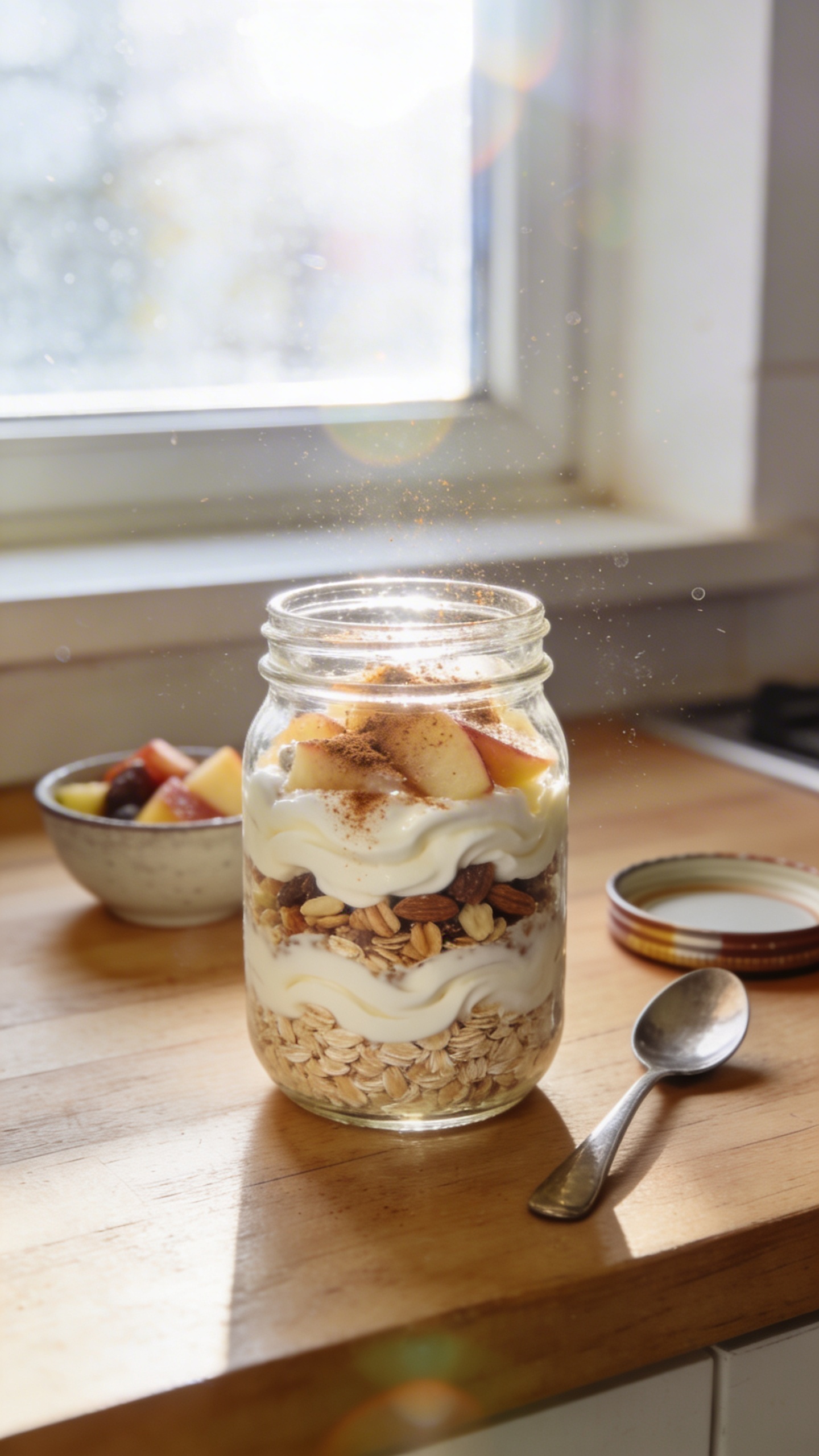 A real, authentic photo of Cottage Cheese Overnight Oats as described in the section, shot like a quick handheld snapshot with natural window light. The main subject is a glass jar of overnight oats layered with rolled oats, creamy cottage cheese swirled in, a splash of milk or dairy-free alternative, and toppings of sliced fruit, chopped nuts, and a dusting of cinnamon. Set on a simple wooden kitchen counter near a window, with a casual, slightly imperfect composition—the jar slightly off-center, a giveaway of real-life breakfast prep. Include visible details like a spoon resting beside the jar, a small bowl of fruit in the background, and a mismatched lid to convey everyday use. The photo should feel unposed and spontaneous, as if captured on a phone in the morning light: natural lens flare from the window, gentle overexposed highlights on the glass, subtle grain, a tiny tilt of the horizon, and a hint of motion blur from a quick snap. No text on the image. It should look like a real iPhone shot, not staged or AI-generated, with fingerprint smudges on the lens, slightly compressed 1080p quality, and a casual, “taken in a hurry” vibe. Optional—soft post-processing hints, like a faint color lift and slight sharpening, but maintain a natural, realistic feel.