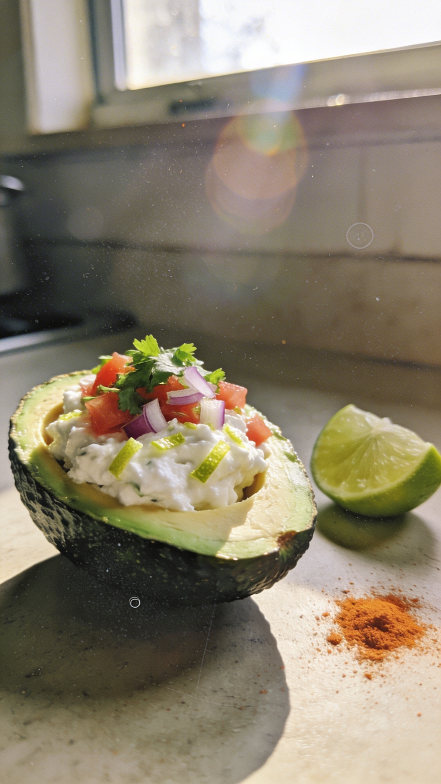 A real-IPhone photo of a ripe avocado cut in half, hollowed and filled with thick cottage cheese mixed with lime zest, chopped tomato, onion, and cilantro, all arranged as a savory stuffed avocado bowl. The scene sits on a casual kitchen counter with natural window light streaming in, warm and slightly uneven. The avocado halves are the main subject, presented as a post-workout recovery meal, with a squeeze of lime nearby and a light dusting of paprika for color. The composition is relaxed and imperfect: a slightly tilted horizon, gentle overexposed highlights on the avocado skin, a touch of lens flare from the window, and subtle motion blur from a quick, in-the-moment shot. Grain varies with the light, giving a natural texture, and there are slight imperfections like fingerprint smudges and a hint of compression to resemble 1080p, screenshot-quality photography. No staging, no text, no AI-typical markers. Shot quickly, in a hurry, no professional setup, finger print on lens, casual, authentic, no words.