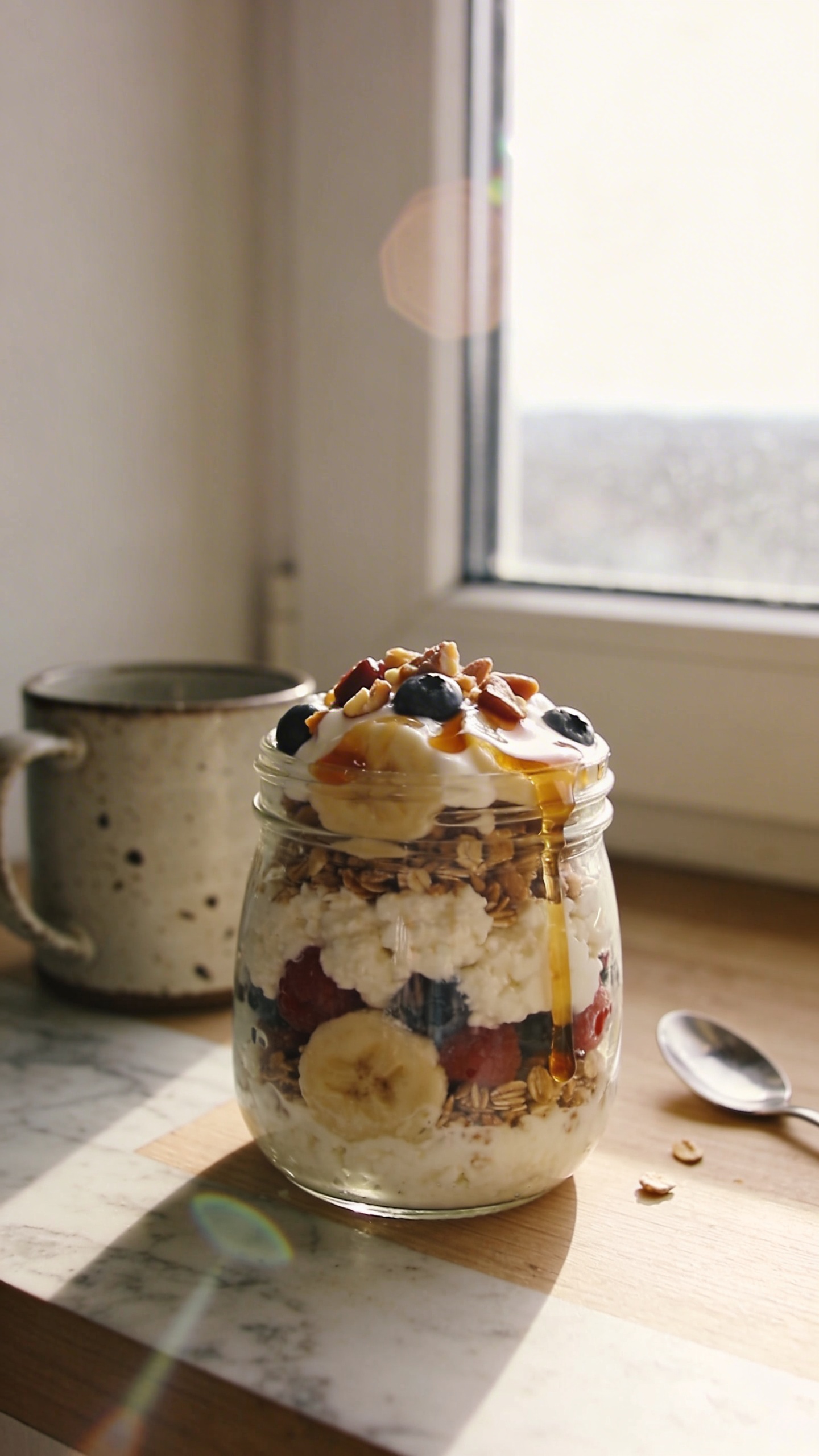 A real, authentic photo of a Sweet-Salty Cottage Cheese Parfait as the main subject, styled as if photographed for a casual food moment in a kitchen. The scene shows a glass parfait jar layered with creamy cottage cheese, a layer of yogurt, fresh fruit like berries or sliced banana, a sprinkle of chopped nuts, a light drizzle of maple syrup or honey, and a few crunchy granola shards for texture. The jar sits on a simple wooden or marble kitchen counter near a window, with natural window light highlighting creamy textures and a gentle sheen on the fruit. The composition is casual and slightly imperfect: a chipped mug in the background, a teaspoon resting nearby, and the jar not perfectly centered. Slight overexposed highlights on the glossy yogurt and maple drizzle, a touch of lens flare from the window, a minor reflection on the glass, and a faint grain that comes with lower light. Subtle motion blur or a hint of tilt in the horizon, as if taken in a hurry. No text on the image. Shot quickly, no staging, fingerprint on lens, compressed 1080p quality, screenshot-like feel, with no cinematic or studio aesthetics. Optional light post-processing hints: a slight color pull to emphasize warm tones, minimal sharpening, and a soft, flatter overall look to resemble an everyday smartphone capture.