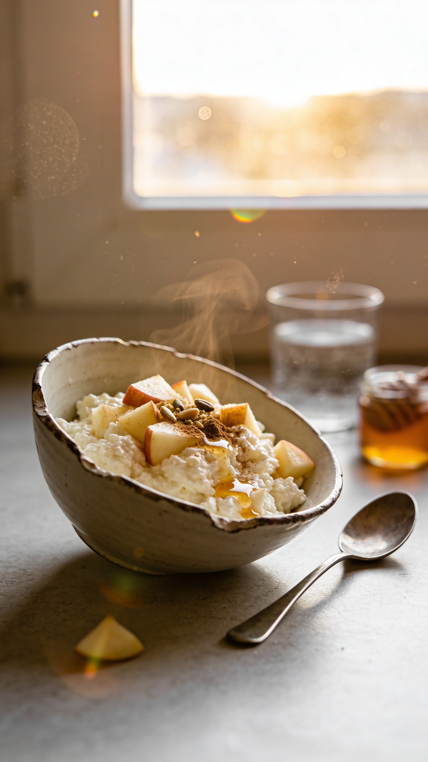 A real, authentic photo of a bowl of cottage cheese snack, captured in a casual kitchen setting with natural window light. The bowl is the main subject, styled as a Sweet Sunrise Cinnamon Apple Bowl: creamy cottage cheese visible, topped with crisp apple bits, a light drizzle of honey, a pinch of nutmeg, and a light dusting of cinnamon. The scene conveys texture balance between the creamy curds and the tender apple pieces, with subtle steam and a warm, inviting color palette. The composition is slightly imperfect: a tilted angle, a casually placed spoon, and a chipped ceramic bowl that suggests everyday-use charm. In the background, a blurred countertop with a glass of water and a small jar of honey hints at extras without stealing focus. The shot is clearly taken quickly, with no staging, to appear like a real iPhone capture: natural overexposed highlights from the window, small lens flare near the top edge, minor motion blur on a stray apple slice, and grain that varies with light. The horizon line is gently off-kilter, and there may be a faint fingerprint or smudge on the lens for authenticity. The image should resemble compressed 1080p quality, as if taken in a hurry and viewed on a phone screen, with no text or branding on the photo. Optional subtle post-processing taste: slight color flattening and minor sharpness adjustments to mimic a casual, non-studio snapshot. No words within the image.