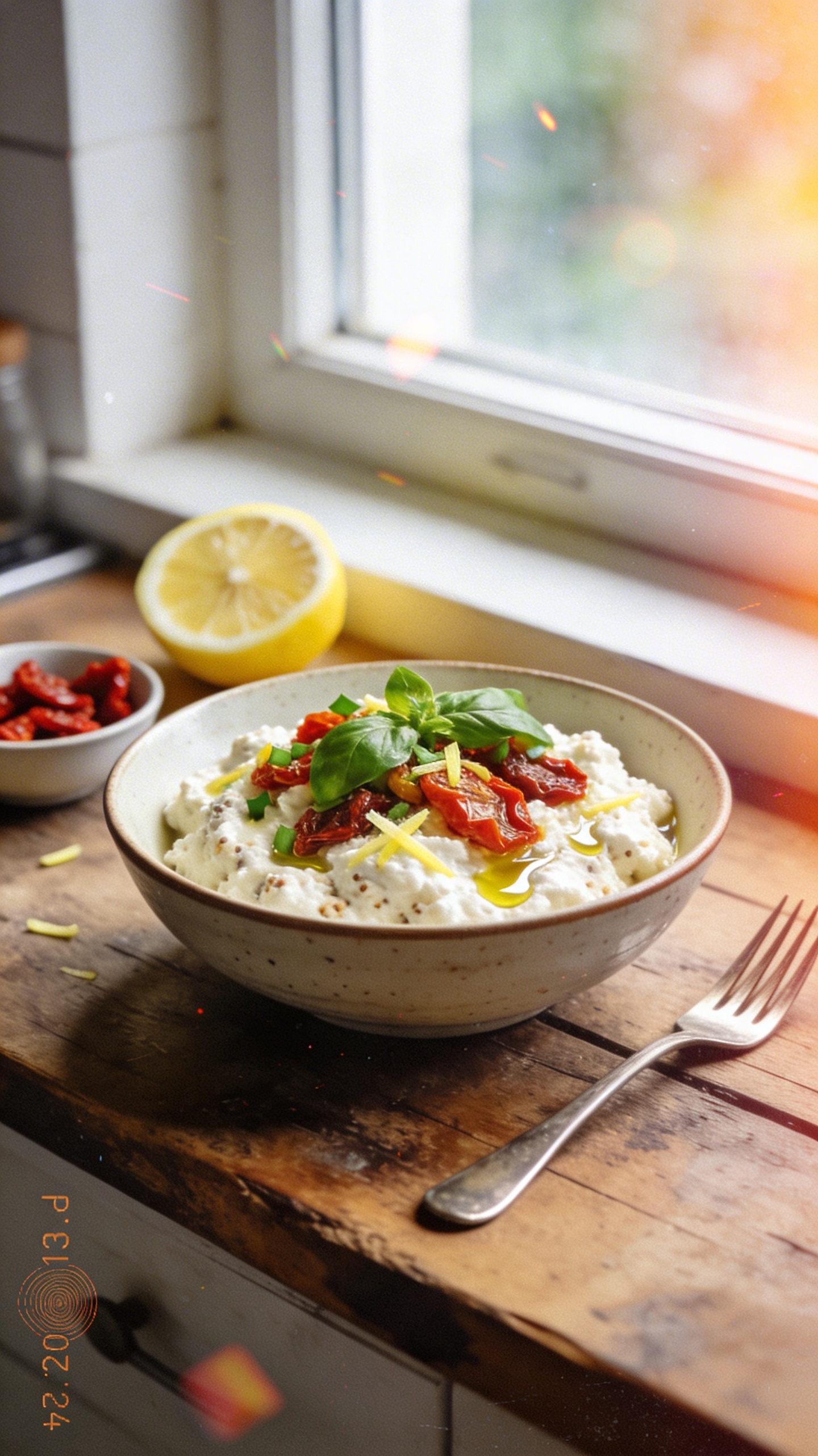 A real-looking photo of a savory cottage cheese snack bowl labeled “Savory Sun-Dried Tomato Basil Power Bowl,” placed on a rustic wooden table by a bright kitchen window. The bowl is centered but shot in a casual, slightly off-angle composition that feels authentic and unpolished. The bowl features creamy cottage cheese topped with bright chopped fresh basil, sun-dried tomatoes, a light zest of lemon, and a few gentle olive oil drizzles, with subtle grains and texture visible in the cheese. Surrounding elements include a half-cut lemon, a small bowl of extra sun-dried tomatoes, and a loosely placed fork, all lit by natural window light that creates gentle, imperfect shadows and a warm, inviting vibe. The scene is captured in a quick, candid style with natural imperfections: slight overexposed highlights on the tomatoes, a hint of lens flare from the window, minor motion blur from a casual hand movement, and a tiny tilt of the horizon. No staging, no artificial studio setup, just a real moment of breakfast or lunch in a cozy kitchen. The image should resemble an actual iPhone photograph with compressed, 1080p quality, showing fingerprint on the lens and a small, casual, everyday feel; no text on the image. Optional subtle post-processing that resembles light, plain adjustments (scaled down and up again, slight smart blur with sharpening, recolored with a flat paint bucket) to give a hint of finish without making it look artificial.