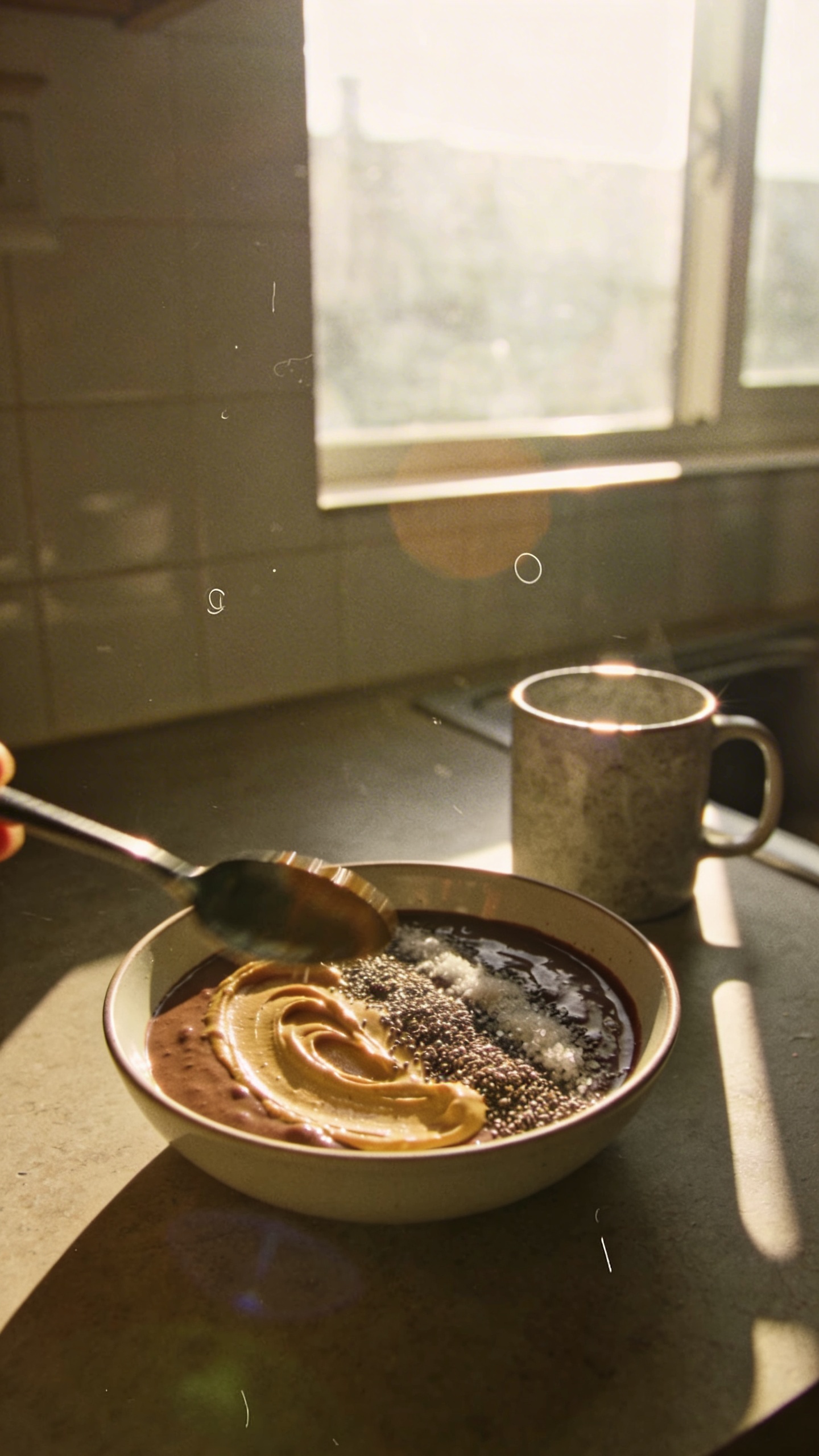 A real, authentic photo of a bowl labeled as the 3. Chocolate Peanut Dream Bowl, featuring a creamy chocolate-yoga bowl with a swirl of natural peanut butter and a sprinkle of chia seeds for crunch, plus a light dusting of sea salt. Shot casually on a kitchen counter by a window, with natural sunlight streaming in, creating gentle shadows and a warm, homey atmosphere. The main subject is the bowl centered but slightly off to one side, in a non-staged, everyday setup. Include imperfect, realistic phone-camera details: slight overexposed highlights on the spoon and mug nearby, a subtle lens flare from the window, minor motion blur around a spoon in use, grainier texture in the darker areas, and a slightly tilted horizon as if captured in a hurried moment. No text on the image. The scene should feel like a quick snapshot, not a polished studio shot, with no dramatic depth of field. Use 1080p-like quality, compressed look, with “shot quickly” vibes and a hint of post-processing that looks natural but not overdone (slightly reduced AI detection cues). Avoid staged props; aim for a casual, everyday breakfast moment, with a hint of fingerprint on the lens and a natural, imperfect composition.