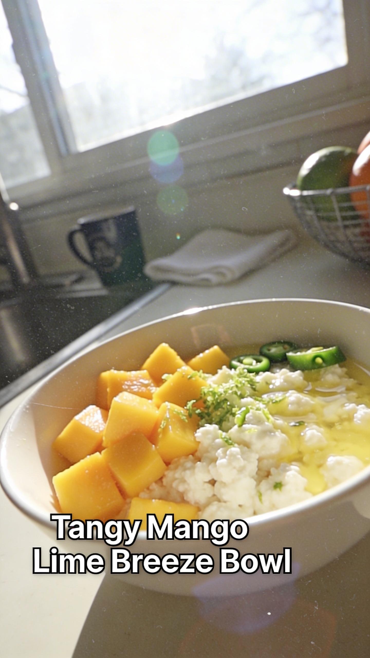 A real, authentic photo of a bowl titled “Tangy Mango Lime Breeze Bowl” as the main subject, content consistent with the article: a cottage cheese snack bowl featuring fresh mango cubes, lime zest and juice, and a subtle optional jalapeño kiss, presented as a mid-afternoon pick-me-up. Shot as if taken quickly with an iPhone, no staging. Natural window light streaming in, casual, imperfect composition with a slightly tilted horizon. Slight overexposed highlights on the fruit, subtle lens flare from the sun, minor motion blur from a casual hand held shot, and grain that varies with light. The bowl rests on a simple kitchen surface or counter, with a near-closeup that captures juicy mango bits and bright lime accents, and a hint of the surrounding casual setting (a mug, a napkin, or a fruit bowl in the background) to feel lived-in. No text or branding visible on the image. The photo should feel like “taken in a hurry” and “fingerprint on lens,” with the finish resembling “compressed, 1080p quality” and a touch of post-processing that keeps it natural and unpolished (subtracting any studio polish). Avoid any words like cinematic, 8k, ultra realistic, hyper realistic, professional photography, studio lighting, depth of field, or perfect composition; instead embrace a spontaneous, everyday moment. No AI watermark or indicators of generation.