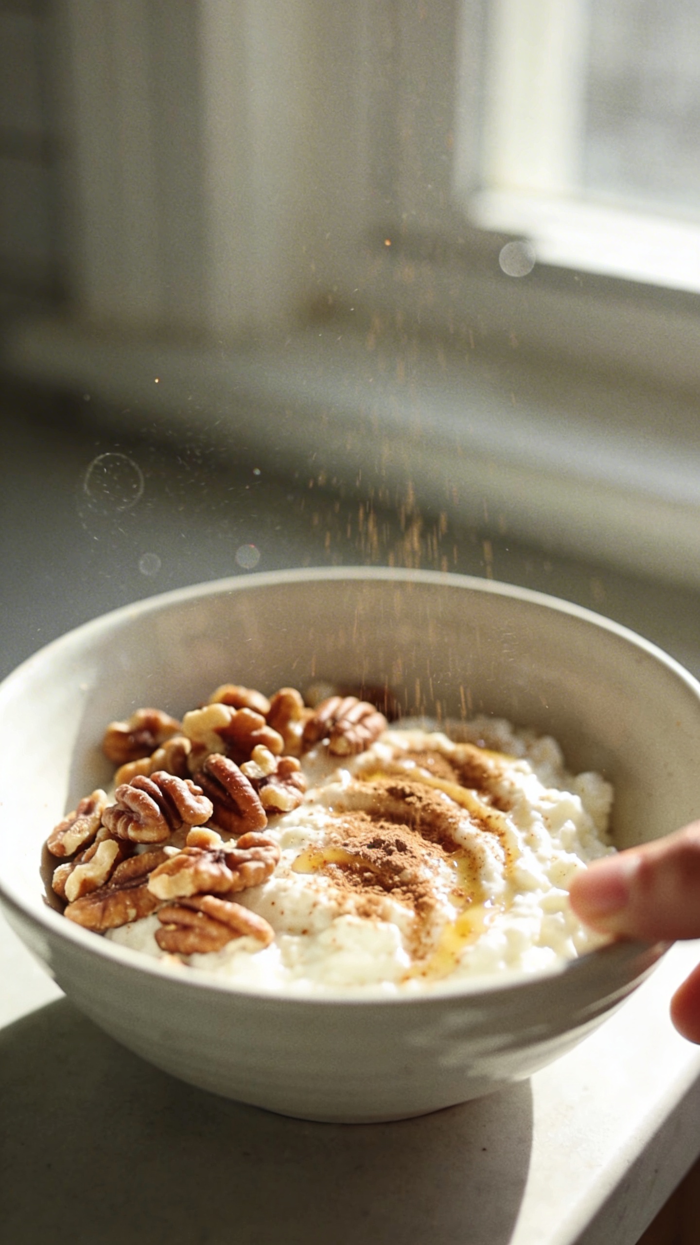 A real, authentic photo of a Crunchy Cinnamon Walnut Crunch Bowl as the main subject, captured like an iPhone shot in casual, natural window light. The bowl sits on a simple kitchen counter with a softly blurred background, showing creamy cottage cheese topped with toasted walnuts, a light dusting of cinnamon, and a few vanilla-speckled swirls. The scene is unstyled and spontaneous: a slightly tilted horizon, a fingertip resting near the edge of the frame, and faint fingerprints on the lens from a quick pickup. Gentle, imperfect highlights around the bowl from sunlight streaming through a nearby window, with subtle grain and minor motion blur from a casual moment. The photo should feel like a candid weekend breakfast saved for the weekday, with no staged props or cheesy setup, and no visible text or branding. The image is compressed, 1080p quality, with minor post-processing hints (slightly smart blur and minor color tweaks) to resemble a quick phone capture, not a polished studio shot. Ensure the main subject is clearly the Crunchy Cinnamon Walnut Crunch Bowl, without any artificial enhancements or captions.