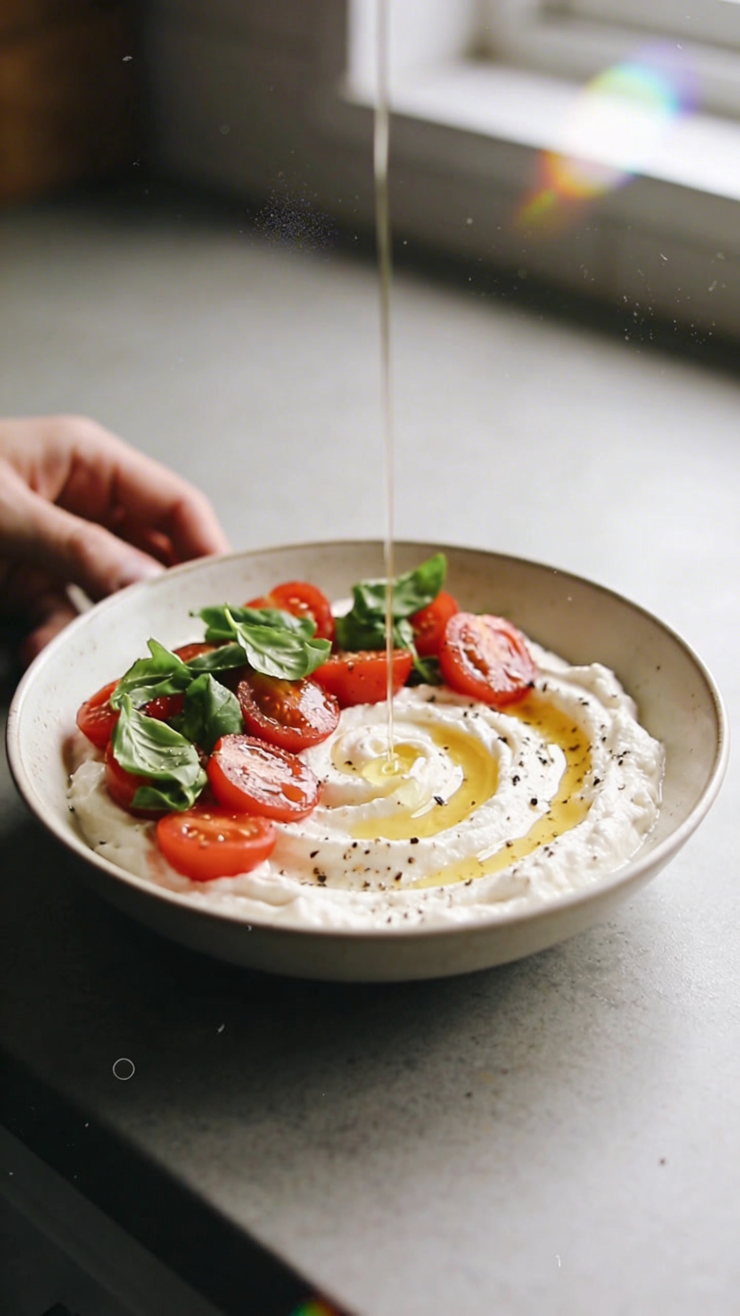 A real, authentic photo of a creamy tomato basil cottage cheese power bowl as the main subject, shot with an iPhone in casual, natural window light. The bowl sits on a simple kitchen counter with soft daylight casting gentle, imperfect shadows. The cottage cheese appears creamy and swirled, with halved cherry tomatoes and torn fresh basil on top, a drizzle of olive oil, and cracked black pepper. The composition is slightly off-center, with a hand lightly resting nearby to imply a quick, in-progress moment. Subtle, natural imperfections: slight overexposed highlights on the olive oil and tomatoes, a small lens flare near the edge, minor motion blur from a casual hand gesture, mild graininess from light, and a gently tilted horizon. No staged setup, no text, no AI-typical polish. The image should feel like a real, candid moment captured at 1080p quality, with a fingerprint or minor smudge on the lens occasionally enhancing authenticity. Optional very light post-processing that keeps it natural: small amount of smart blur sharpening and a flat color tone to avoid an overly glossy look.