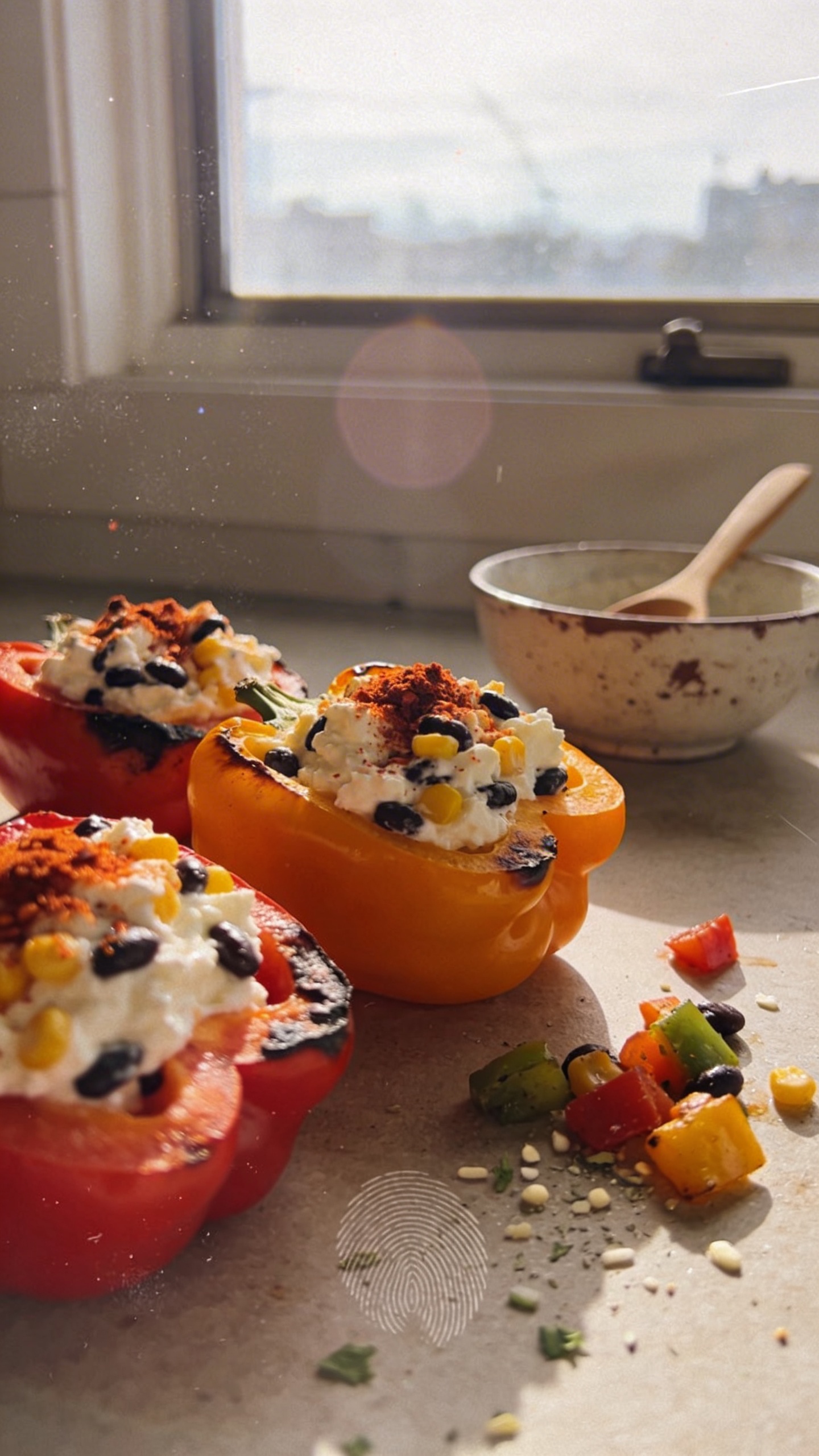 A real, authentic photo of a plate of 2-3 spicy cottage cheese stuffed bell peppers arranged on a casual kitchen table, with warm natural window light streaming in. The peppers are halved and stuffed with a creamy cottage cheese mix containing black beans, corn, and chili powder, showing a slight char at the edges from a quick bake. The scene includes a few mixed veggies and a light sprinkle of herbs for color, plus a chipped ceramic bowl and a simple wooden spoon nearby to convey home cooking. The shot feels candid and unposed, as if grabbed in a hurry in a home kitchen: slight overexposed highlights on the glossy pepper surfaces, a tiny lens flare from the window, minor motion blur suggesting someone just finished serving, and a subtle grain that varies with the lighting. Horizon is slightly tilted, the focus is natural and imperfect, with no visible text, and no heavy staging or studio setup. The image should read as “taken in a hurry” and “fingerprint on lens” style, compressed, 1080p quality, with light post-processing that keeps it looking real and a touch reminiscent of a quick smartphone capture, not AI-generated.