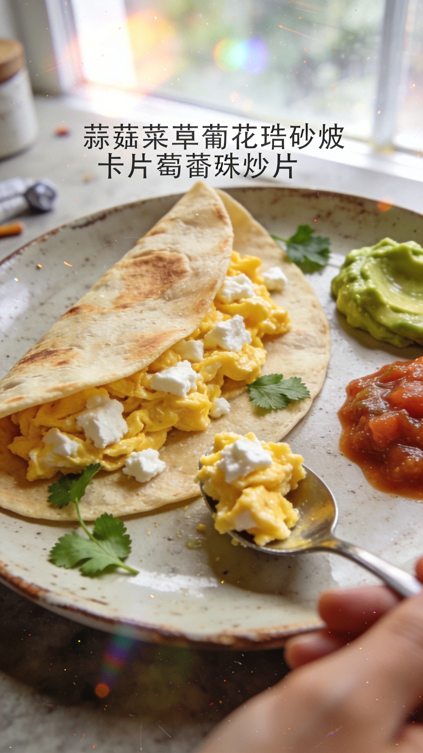 A real, authentic photo of a garlic herb cottage cheese scramble taco scene, featuring a main subject inspired by the article title "Garlic Herb Cottage Cheese Scramble Tacos"—eggs scrambled with cottage cheese folded in, warm tortillas, and toppings. Shot quickly in natural window light with casual, imperfect composition: a partially built taco on a rustic plate, spoonful of scrambled eggs and visible cottage cheese bits, a few cilantro leaves, a dollop of avocado and salsa nearby. The scene should feel candid, like it was taken in a hurry, with no staging. Include realistic phone-camera imperfections: slight overexposed highlights from window light, a touch of lens flare, minor motion blur from a casual hand gesture, grain that varies with light, and perhaps a slightly tilted horizon. The image should appear as compressed 1080p quality, with no text on the photo. Optional subtle post-processing hints: a light, uneven color shift and minor sharpness adjustments that mimic a casual smartphone capture. Ensure the main subject clearly conveys a cottage cheese scramble taco concept, plated simply and appetizingly, as if photographed on a kitchen counter with everyday objects in the background.