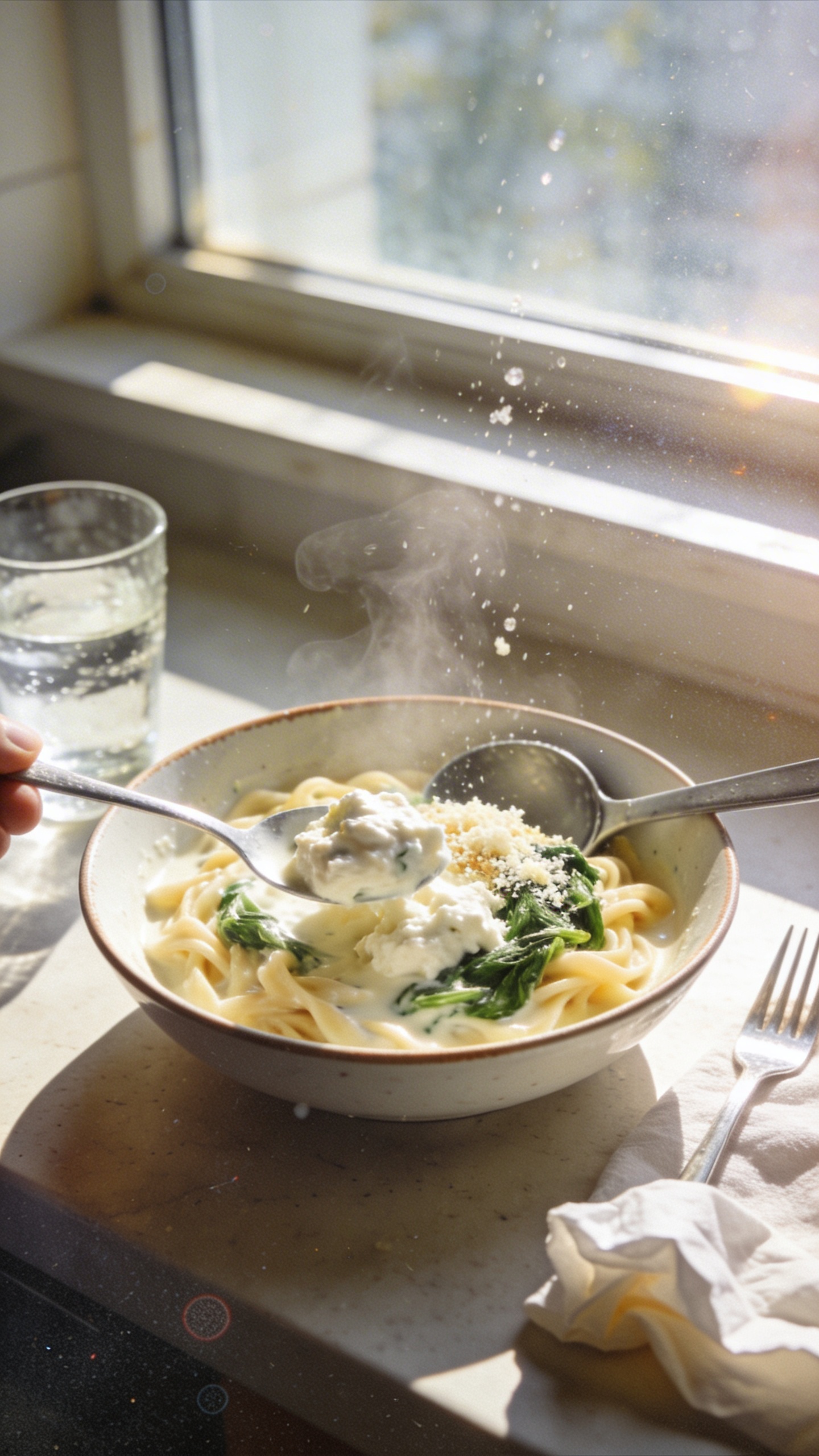 A real, authentic iPhone photo of a bowl of creamy cottage cheese pasta with spinach, placed on a casual kitchen counter by a sunny window. The dish features al dente pasta coated in a silky, pale sauce with visible spoonfuls of blended cottage cheese, wilted spinach folded in, and a light dusting of grated parmesan on top. The scene includes a scoop or spoon resting in the bowl and a couple of casual touches: a glass of water, a fork, and a crumpled napkin nearby. Natural window light creates gentle highlights and soft shadows, with a slightly imperfect composition—the horizon a tad tilted, a touch of glare on the pasta water splash, and a bit of steam rising. Subtle camera imperfections: slight overexposed highlights on the dish edges, minor motion blur from a casual hand setting the plate, fingerprint smudge on the lens, and a grainy texture that varies with the lighting. The photo should feel unstyled and like a quick snap taken in a hurry, not heavily staged. No text on the image. Slight post-processing touch: kept natural, with a small amount of warmth and a flattened contrast to resemble a casual iPhone shot, akin to “scaled down and up again” look with a touch of sharpening but still preserving a realistic, everyday feel (1080p-like quality).