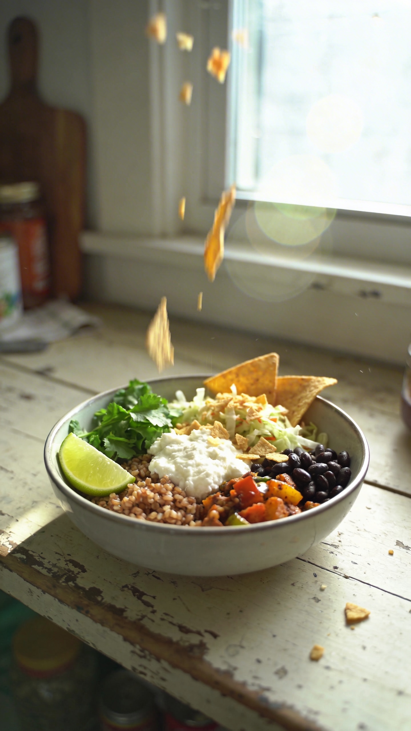 A real, authentic photo of a Mexican-Style Cottage Cheese Rice Bowl, as if taken quickly with an iPhone in casual, natural window light. The bowl sits on a chipped wooden table near a sunlit window, with slightly imperfect, everyday kitchen clutter in the background. The scene shows a bed of brown rice or quinoa topped with spoonfuls of creamy cottage cheese, black beans, roasted veggies, and a crunchy cabbage slaw or crushed tortilla chips. Bright lime juice, fresh cilantro, and a few tortilla chips catch a bit of overexposed highlights from the window. A few crumbs and a slight tilt of the horizon add realism. The image should feel candid: no staging, a hint of motion blur from a quick snap, natural grain, fingerprint on lens, and minor lens flare. Compressed, 1080p quality, shot quickly, no text, no heavy editing or studio look. Optional light post-processing: subtle color tweaks that resemble a casual, everyday photo—scaled down and up again, slight smart blur with gentle sharpening, recolored with a flat, non-glossy look.