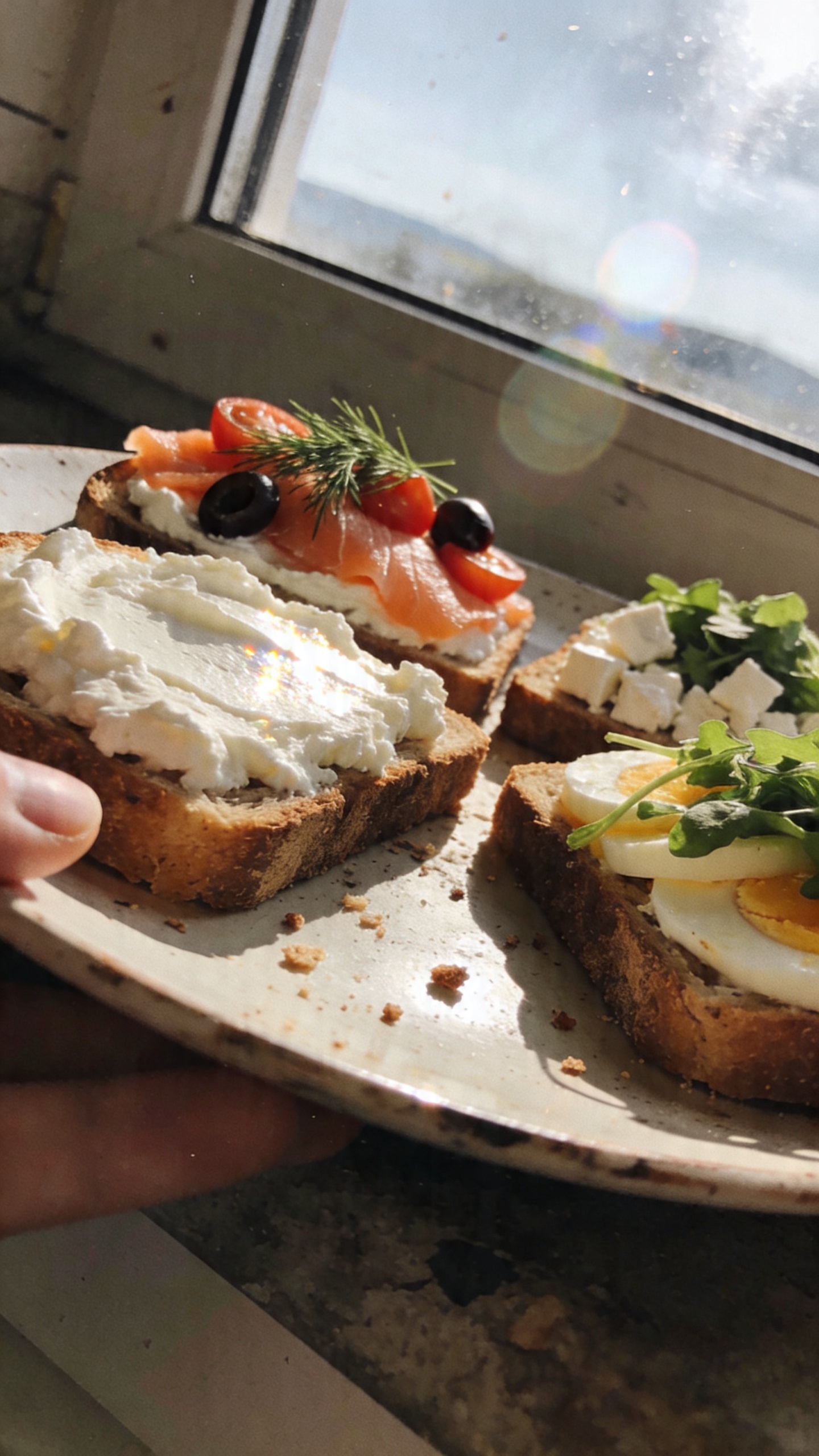 A real, authentic photo of Savory Cottage Cheese Breakfast-for-Dinner Toasts as the main subject from the article title, shot on an iPhone in casual, natural window light. A rustic kitchen or dining counter setup with a few toasted bread slices spread thick with cottage cheese, topped with smoked salmon and dill, cherry tomatoes, olives and feta, and others with egg slices and fresh greens. Compose the scene as if someone grabbed a quick bite, not staged, with a slightly imperfect, realistic feel: a few crumbs on the plate, a tilted angle, a finger briefly near the frame, and natural reflections from the window. Include subtle phone-camera imperfections: slight overexposed highlights on the cottage cheese, gentle lens flare from the window, minor motion blur from a quick hand movement, grain varying with light, and a slightly tilted horizon. The image should feel like compressed 1080p quality, no text or visible brand logos, no cinematic or studio lighting. Optional light post-processing hints: a tiny bit of smart blur and sharpening, minimal color tweaks to look natural, as if the photo was taken in a hurry. No staging, no AI-like perfection, no words on the image.