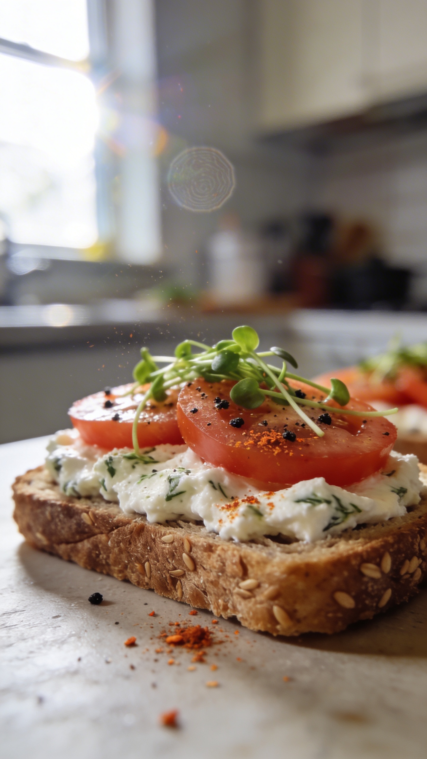 A casual, authentic photo of savory cottage cheese toast as a pre-workout snack, featuring whole-grain toast topped with herbed cottage cheese spread, tomato slices, and microgreens, finished with a light sprinkle of black pepper and a subtle dusting of smoked paprika or chili flakes. The setting shows a simple kitchen counter near natural window light, captured as if shot quickly on an iPhone. Slightly imperfect, realistic feel: tiny overexposed highlights from the window, gentle lens flare, minor motion blur from a casual reach, and a few grains visible in low light. The horizon is gently tilted, with a fingerprint on the lens and a touch of grain that varies with light. No staging or professional lighting; no text on the image. Compressed, 1080p quality, with small post-processing touches like slight smart blur and minor sharpening, and a recolored, flat look to reduce AI detectability. The main subject is the toast assembly in the foreground, with a blurred kitchen background, conveying a quick, real-life moment of a savory pre-workout snack.