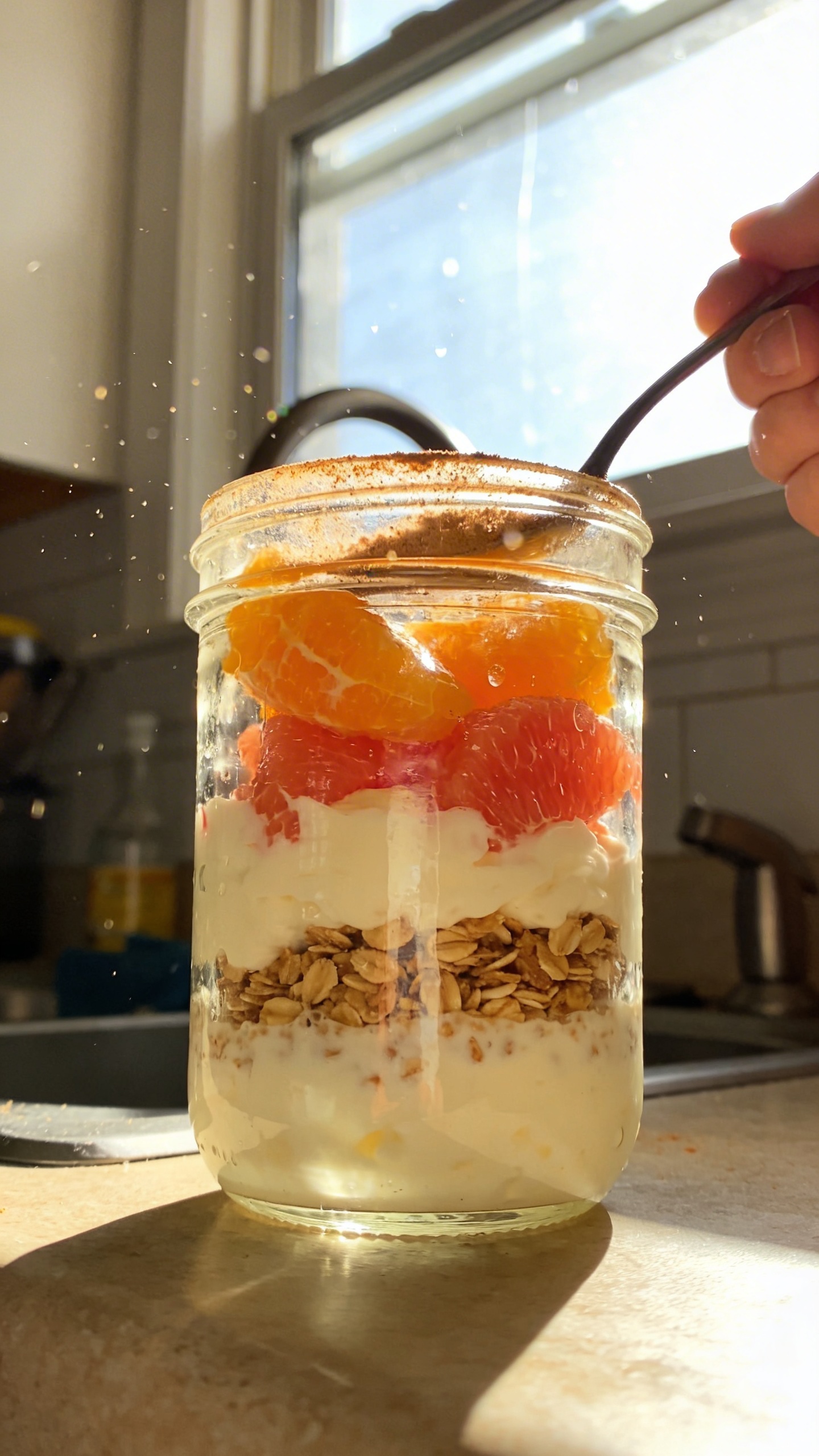 A real, authentic photo of a Citrus Cottage Cheese Parfait in a Jar as the main subject, styled to look like an iPhone shot. The jar sits on a casual kitchen counter near a window with natural daylight streaming in, highlighting fresh citrus segments of orange or grapefruit layered with plain or vanilla cottage cheese and a sprinkle of toasted oats or granola, finished with a light dusting of cinnamon. Capture a no-staging, in-a-hurry vibe: slightly imperfect composition, jar slightly off-center, hands or a spoon just barely entering the frame, natural reflections on the glass, and a hint of condensation. Include realistic phone-camera imperfections: minor overexposed highlights on the jar and citrus, a touch of lens flare from the window, subtle motion blur from a quick grab, grain that varies with light, and a slightly tilted horizon. The scene should feel like a candid, everyday breakfast or pre-workout snack photographed by someone in the moment, with no text, no obvious AI cues, and a compressed 1080p quality look. Optional subtle post-processing touch that keeps it grounded: a light, natural color balance tweak and a tiny bit of sharpening to emphasize texture without making it look staged. No words, just the food and the casual setting.
