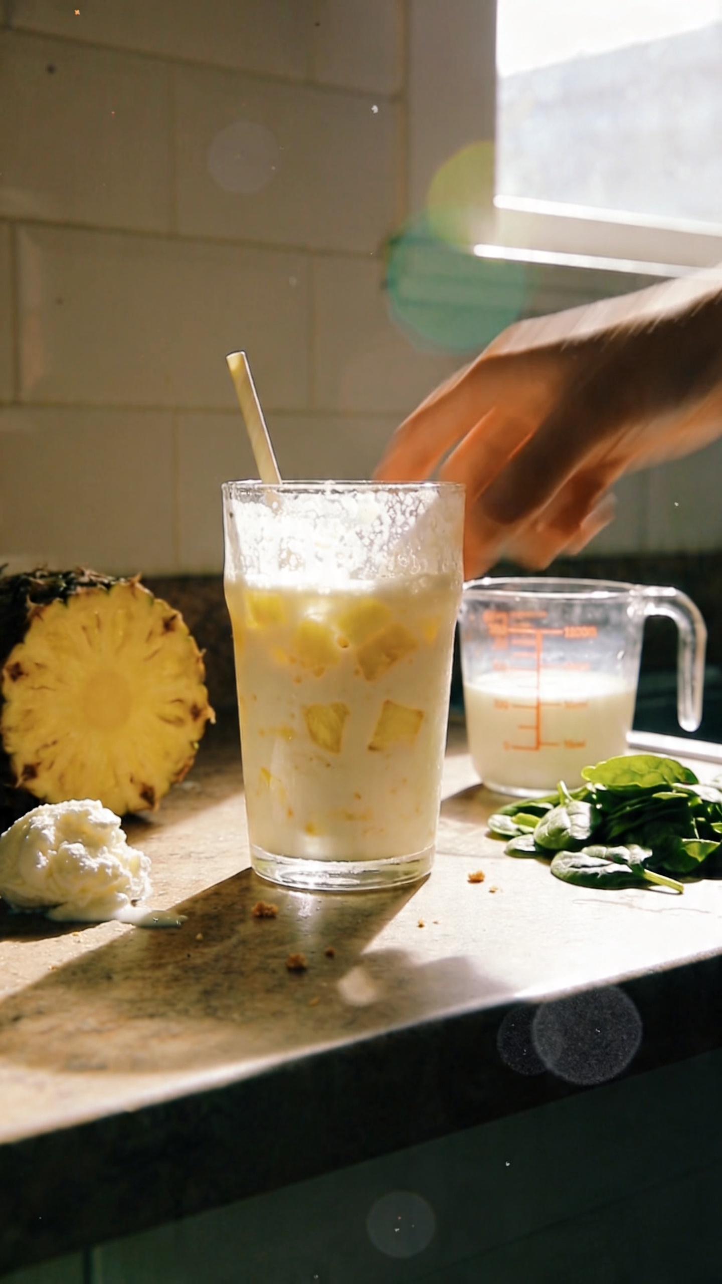 A candid, real-life kitchen scene featuring a bright Pineapple-Cottage Cheese Smoothie in a glass with a straw, placed on a rustic countertop. The glass is partly frosted, showing creamy texture and pineapple chunks visible through the smoothie. Nearby, half-cut pineapple, a small scoop of cottage cheese, and a splash of unsweetened almond milk in a nearby measuring cup add context. A handful of fresh spinach leaves rests beside the ingredients for a subtle green pop. Natural window light pours in from the side, casting soft shadows and a slightly warm tone. The photo has a casual, unposed vibe: slight tilt of the horizon, gentle overexposed highlights on the glass, faint lens flare from the sun, tiny crumbs or specks on the counter, and a touch of motion blur on a moving hand reaching toward the smoothie. Grain varies with light, resembling compressed, 1080p quality. Slight imperfections: fingerprint smudges on the lens in the corner, minor color inconsistency from quick processing, and no staging or professional setup. No text overlays. Optional: a subtle, unnoticeable post-processing pass that resembles a quick crop and gentle sharpening, kept natural and unpolished. shot quickly, taken in a hurry, no staging, finger-prick lens hint, casual kitchen vibe.