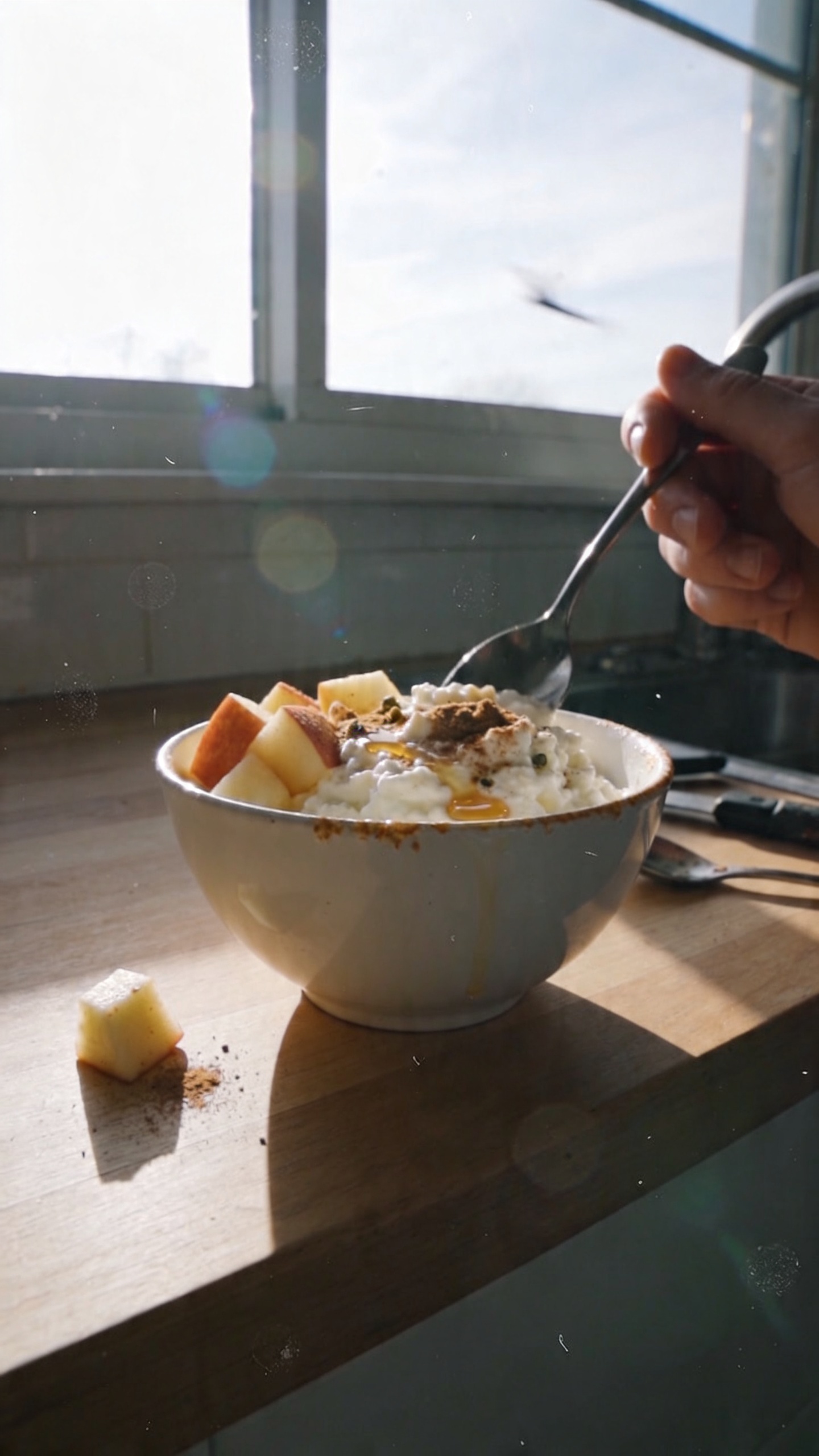 A real, authentic-looking photo of a Spiced Apple Cottage Cheese Bowl as a pre-workout snack, with the main subject tying to the article title. Shot as if taken on an iPhone in natural window light, casual composition, slightly imperfect and candid. The bowl sits on a wooden counter near a sunlit kitchen window; warm apple pieces, creamy cottage cheese, a light dusting of cinnamon and nutmeg, and a tiny drizzle of honey visible. Small details: a diced apple piece off to the side, a pinch of spice specks in the cottage cheese, a subtle tilt of the horizon, soft overexposed highlights on the edge of the bowl, gentle lens flare from the window, faint motion blur from a breeze or movement, and natural grain in the shadows. No staging; fingers or a hand might be entering the frame to hold a spoon, or a casual, imperfect placement of utensils nearby. Compressed, 1080p-like quality with slight fingerprints on the lens and a tiny, realistic vignette around the edges. The scene conveys a quick, everyday pre-workout moment—no words, no text, no artificial enhancements, just a near-real phone photo of a nourishing apple-cottage cheese bowl ready for a workout snack. Optional subtle post-processing cues: scaled down and up again, slight smart blur with gentle sharpening, recolored with a flat, natural-toned palette to mimic a real camera capture.