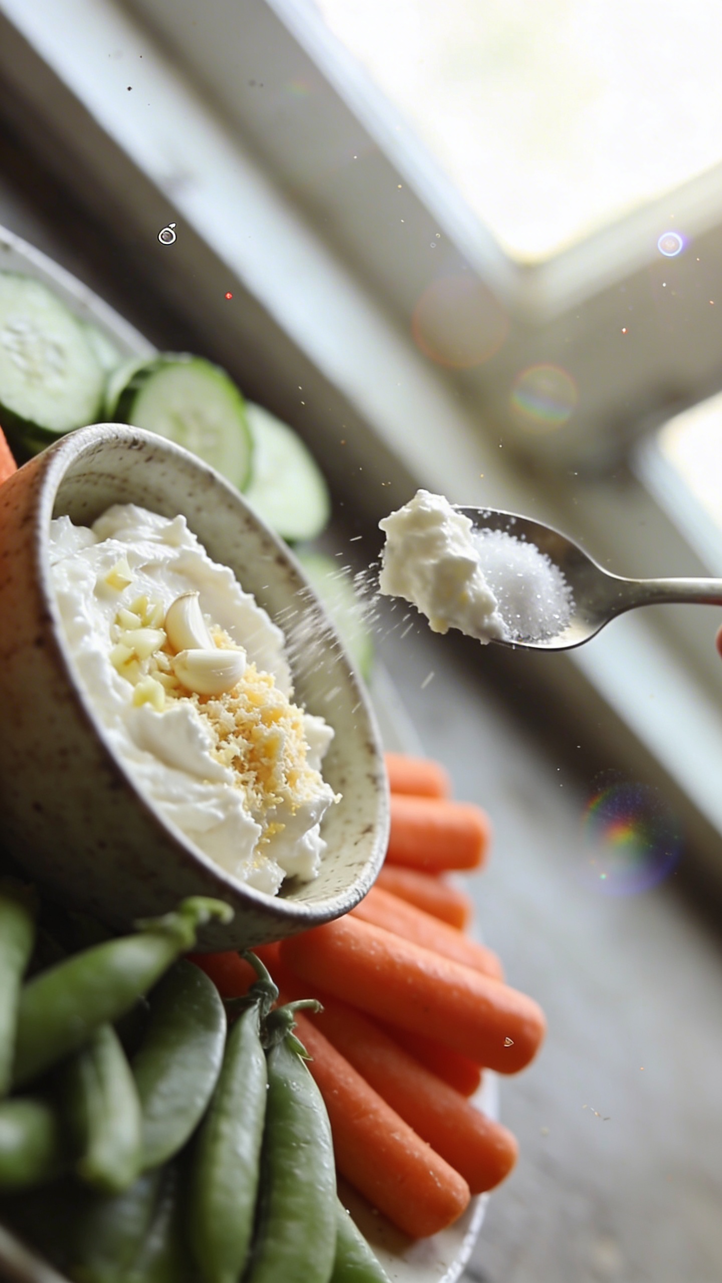 A real, authentic photo of Savory Garlic Parmesan Cottage Cheese Dip with Veggies as the main subject, shot like it was taken on an iPhone during a casual pre-workout snack setup. Use natural window lighting, a casual, imperfect composition, and a slightly lived-in kitchen or snack table vibe. Show ¼ cup cottage cheese mixed with minced garlic, a pinch of salt, and grated parmesan in a small rustic bowl, surrounded by carrot sticks, cucumber rounds, and snap peas for dipping. Include slight overexposed highlights from window light, a touch of lens flare, a hint of motion blur from reaching for veggies, and a gently tilted horizon. Subtle grain variations and small imperfections to emphasize realism (fingerprint on lens, tiny glare). No staged poses, no words on the image, no text overlays. The scene should feel like a quick, mid-morning or post-cardio snack moment, compressed, 1080p quality, as if photographed in a hurry with an iPhone. Optional subtle post-processing hint: slight smart blur with sharpening and a muted color restore to avoid overly polished look.