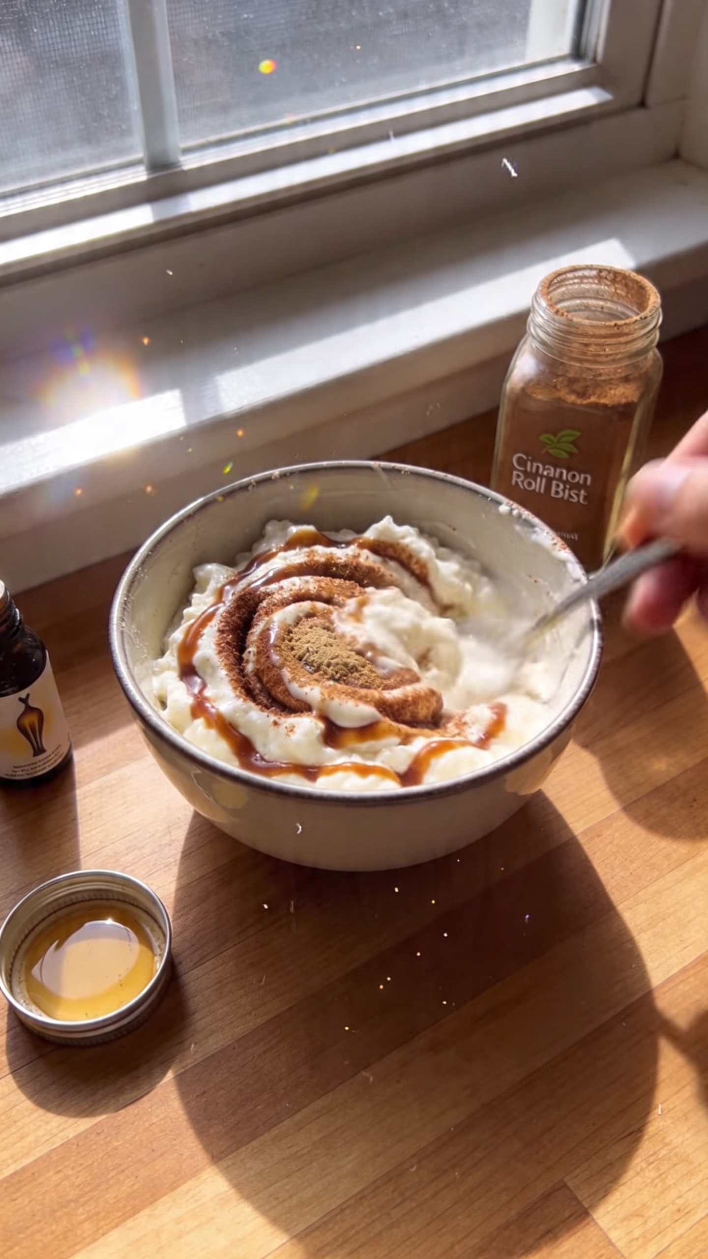 A real, authentic photo of a bowl of Cinnamon Roll Bliss in a Bowl, featuring creamy cottage cheese topped with warm cinnamon and vanilla tones, with a drizzle of sugar-free icing visible. The scene is a cozy, home-kitchen moment: a ceramic or glass bowl resting on a wooden counter near a softly lit window. The bowl contains a creamy mixture that resembles a cinnamon roll vibe, with swirls of cinnamon and a light, creamy texture. Surrounding elements include a half-open spice jar of cinnamon, a tiny splash of vanilla bottle, and a dusting of nutmeg nearby. The lighting is natural window light with gentle shadows, captured with an iPhone, giving a casual, lived-in feel. Slightly imperfect details: a faint overexposed highlight on the edge of the bowl, a tiny lens flare from the window, a slight tilt of the horizon, and a hint of motion blur from a casual hand reaching to stir. The image should feel unposed, like “shot quickly, no staging,” with minor grain and a casual composition that emphasizes realism. No text on the image, no branded logos, no heavy post-processing; if any adjustments are present, they should resemble a subtle, natural look—fingerprint on the lens, compressed 1080p quality, slight smart blur with gentle sharpening, and a touch of color grading that keeps it looking true-to-life.