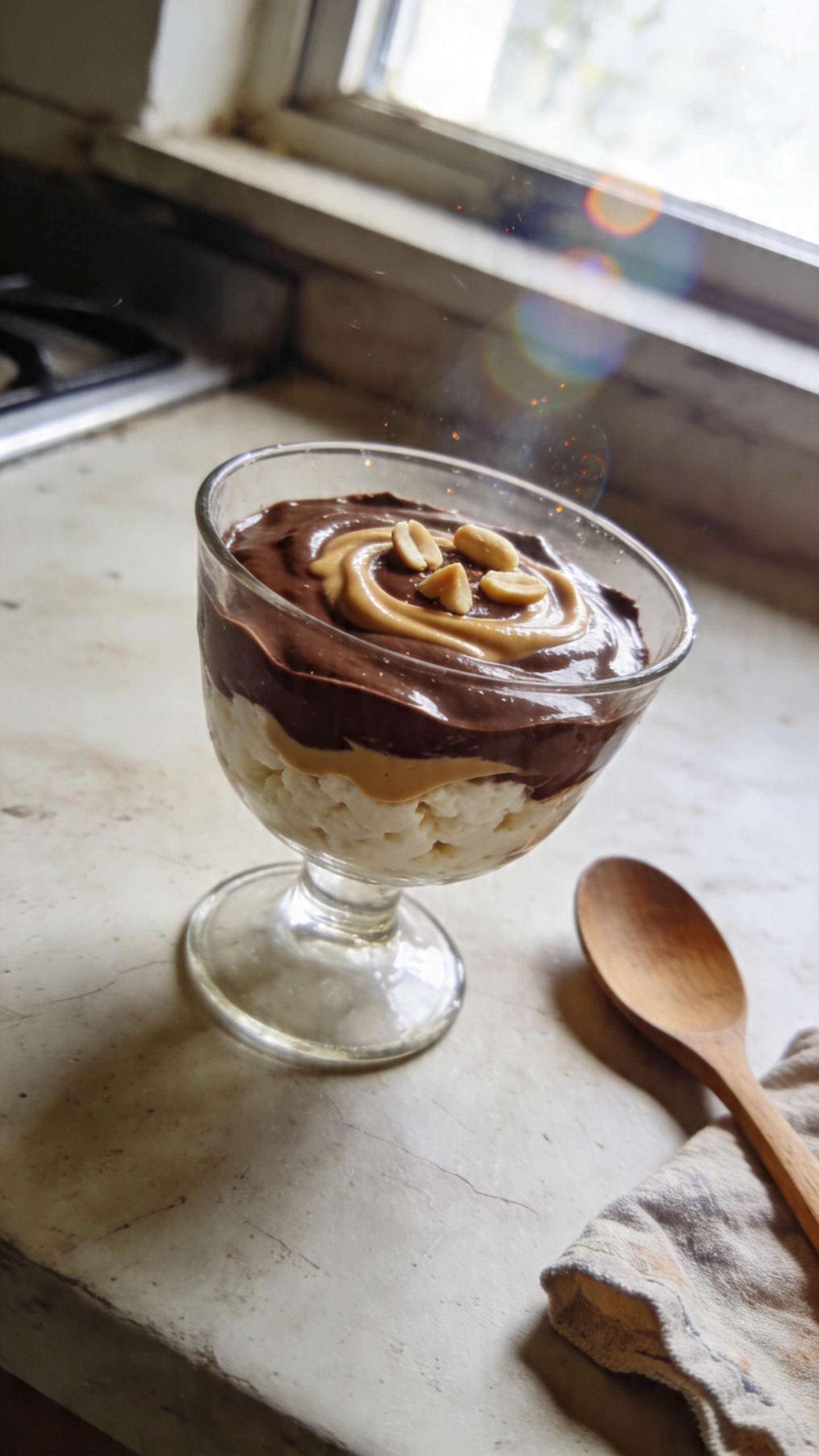 A real photo of a small glass dessert cup filled with a glossy, mousse-like cottage cheese chocolate peanut butter dessert, featuring a smooth chocolate-cocoa surface and a hint of peanut butter swirled on top with a few chopped peanuts for texture. The cup sits on a rustic kitchen counter near a window, with natural daylight streaming in and a slightly soft, imperfect focus. Include casual elements like a wooden spoon resting nearby or a mismatched napkin, and a faint reflection from the glass. Capture subtle iPhone-like imperfections: slight overexposed highlights on the glass, a tiny lens flare from the window, minor motion blur from a quick shot, and a touch of grain consistent with indoor daylight. Horizon slightly tilted, no staging, no visible branding or text. The scene should feel authentic, "taken in a hurry," with no AI-styled polish, resembling compressed 1080p quality and a casual, everyday kitchen moment. Optional: a hint of post-processing that keeps it natural, like a gentle, flat color tone with a light sharpen on the cup edges, but no obvious retouching. No text on image.