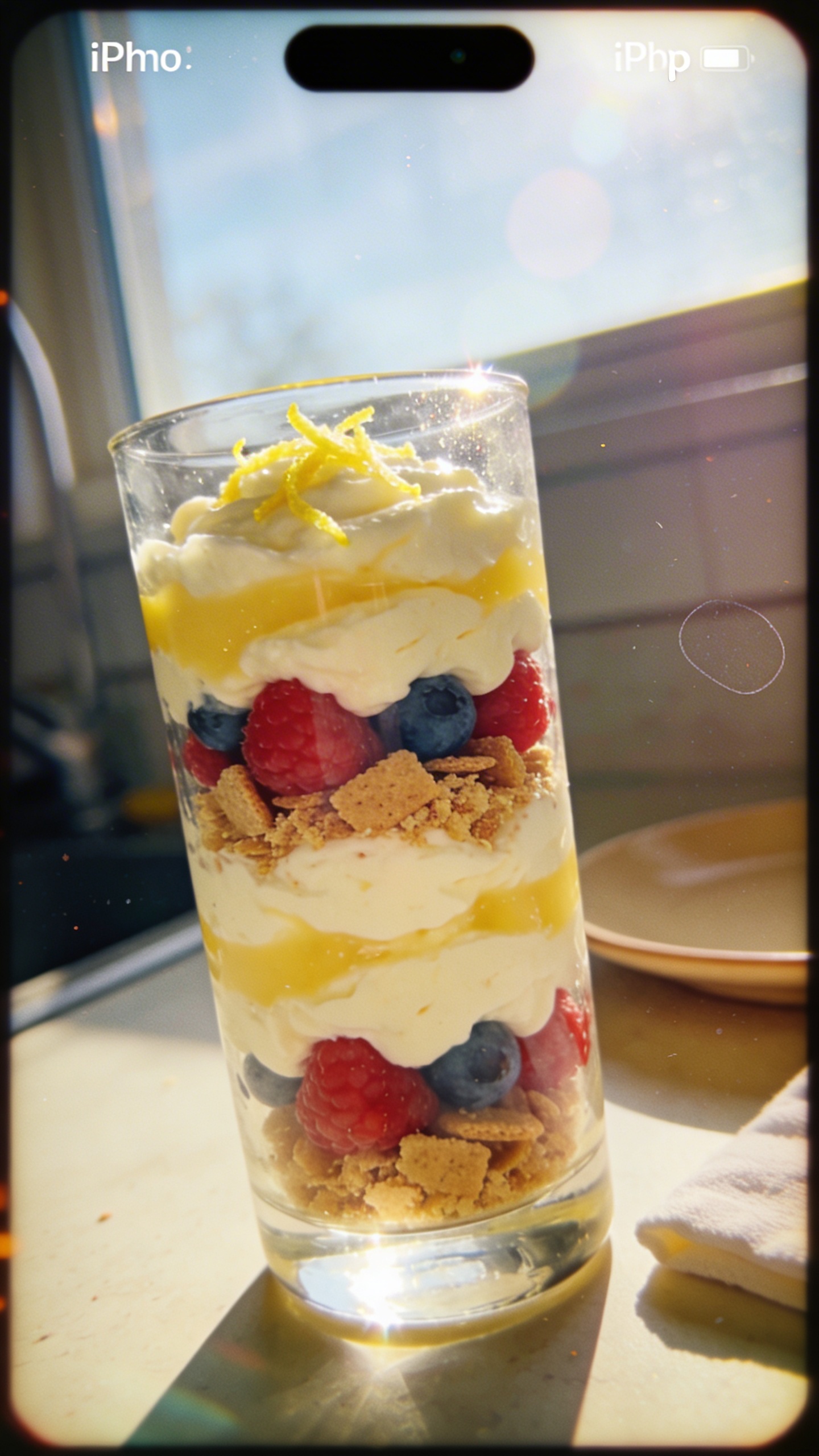 A photorealistic, candid image of a Lemon Cheesecake Parfait in a tall, clear dessert glass layered with bright lemon-curd–like cottage cheese, light fluffy layers, and a sprinkle of lemon zest; visible layers alternating with crushed low-fat graham crumbs or crumbled cookies and fresh berries (raspberries and blueberries) for color pop. The main subject from the article title is the Lemon Cheesecake Parfait, with the parfait as the focal point. Shot as if taken with an iPhone, under natural window light, casual composition, a slightly imperfect, realistic feel. Elements to include: subtle overexposed highlights on the glass, gentle lens flare from a window, minor motion blur in the background if any, slight grain that varies with light, and a slightly tilted horizon to enhance realism. The scene should feel unposed and spontaneous—no staging or studio setup—like a quick, in-the-moment dessert photo. No text on the image. Optional subtle post-processing hints: a tiny bit of mobile-camera JPEG compression look, perhaps a minor color tweak to emphasize the lemon yellow and berry reds, and a tiny bit of softening or sharpening to mimic real phone capture. Suggested environment: a cozy kitchen counter or breakfast nook with a blurred background of warm tones, a neutral plate or napkin nearby, and a casual, homey vibe. Avoid words like cinematic, 8k, ultra realistic, hyper realistic, professional photography, studio lighting, depth of field, or perfect composition; emphasize “shot quickly,” “taken in a hurry,” “no staging,” “fingerprint on lens,” “compressed, 1080p quality,” and “screenshot quality.” No on-image text.