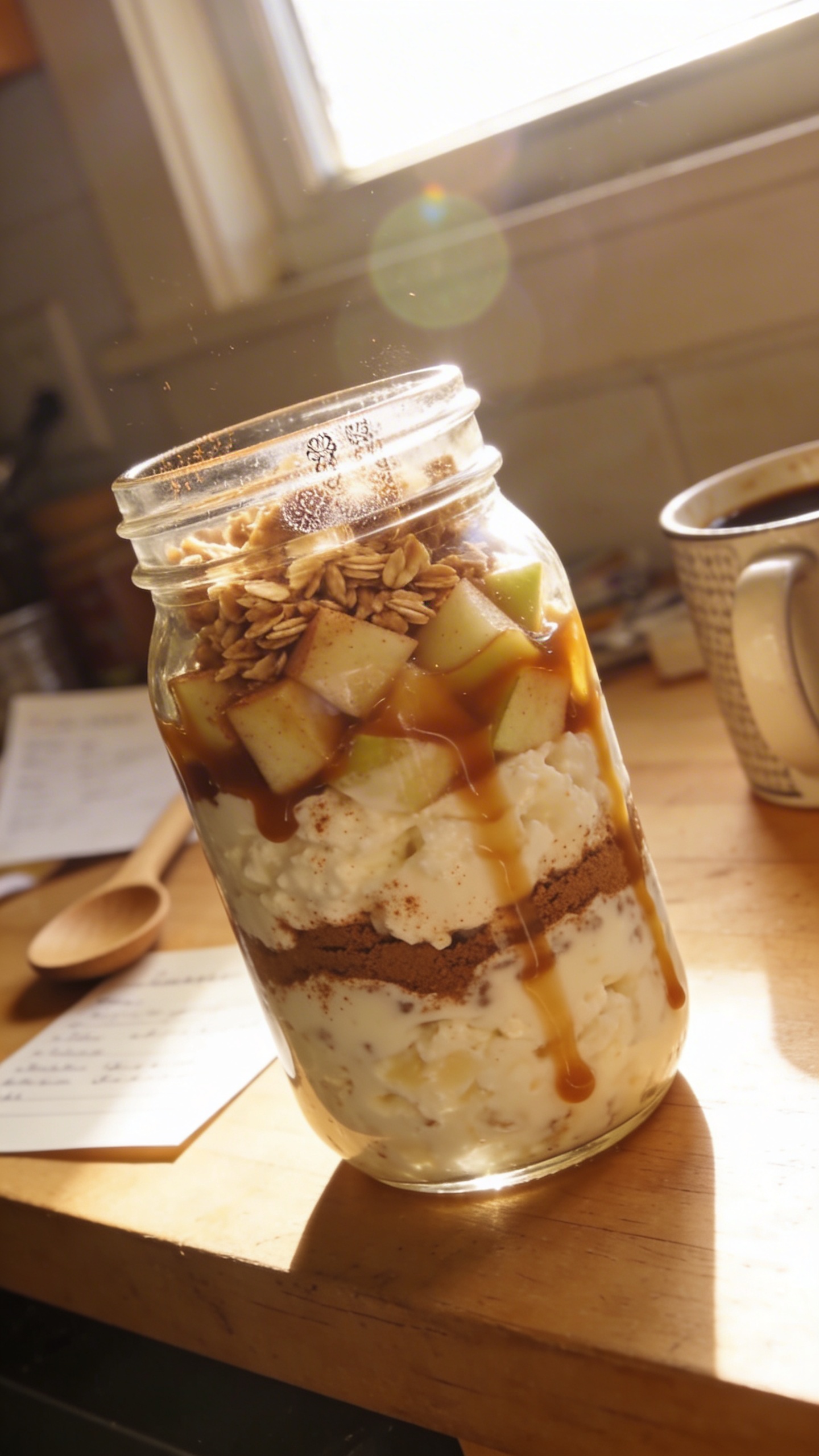Create a photo-realistic image of a Caramel Apple Crunch Parfait as the main subject, depicted in a casual, home kitchen setting. The parfait should be layered in a clear glass or mason jar to emphasize textures: creamy cottage cheese-vanilla yogurt mix, finely diced apples, cinnamon dusting, and a drizzle of caramel with a hint of maple syrup, plus a crunchy granola or toasted oats topping. The scene should feel cozy and autumn-inspired, but taken in a real-life, non-staged moment. Use natural window lighting with soft, warm tones and a slight imperfect vibe: a casually angled countertop, a hint of kitchen clutter in the background, and a few imperfections like a tiny fingerprint on the jar or slight smudges on the camera lens. Shot quickly, in a hurry, with no staging. The image should resemble an authentic iPhone photo: slightly overexposed highlights on the glass and caramel, a tiny lens flare from the window, minor motion blur from a gentle hand tremor, grain that varies with the light, and a slightly tilted horizon from an everyday, uncalibrated angle. Avoid any signs of professional lighting, deep focus tricks, or perfect composition. The image should be compressed, 1080p quality, and resemble screenshot-like realism rather than a polished product shot. No text on the image. Optional subtle post-processing hints: a faint, natural color shift or slight sharpening that keeps it look-biased toward casual smartphone capture.