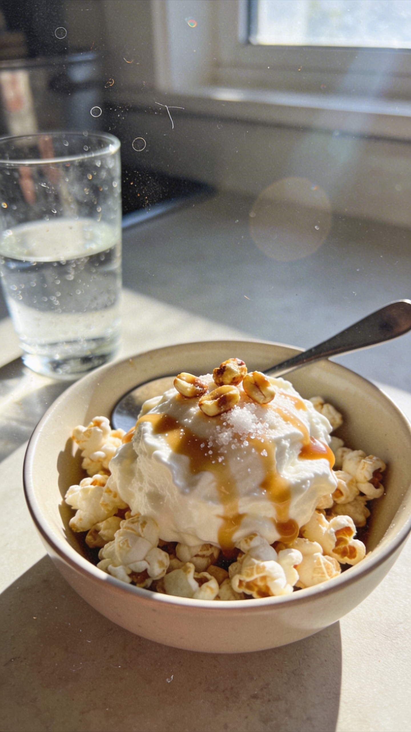 A real, authentic photo of a cozy cottage cheese dessert scene inspired by "Salted Caramel Popcorn Surprise": close-up on a small, imperfect ceramic bowl of sweetened cottage cheese folded with a pinch of salt, nestled on a bed of air-popped popcorn, with a light drizzle of sugar-free caramel sauce and a few roasted popcorn kernels scattered on top. The composition should convey a movie-night vibe in a home kitchen, with natural window light casting soft shadows and gentle highlights. Include extra realism: a slightly tilted horizon, tiny fingerprints or smudges on a glass of water nearby, a casually placed spoon resting on the bowl edge, and a glimpse of a kitchen counter in the background. The scene should feel shot quickly, no staging, with slight overexposed highlights, a touch of lens flare from the window, minor motion blur from a casual hand or breeze, and grain that varies with light to mimic 1080p phone photo quality. No text or overlays; no cinematic or studio terms, just a natural, imperfect moment. Optional subtle post-processing hint: minimal, to resemble an unpolished snap that’s been lightly touched up but still looks camera-phone real. The main subject should be clearly identifiable as cottage cheese with popcorn, emphasizing the salted caramel vibe, while the overall image remains unpolished and authentic.