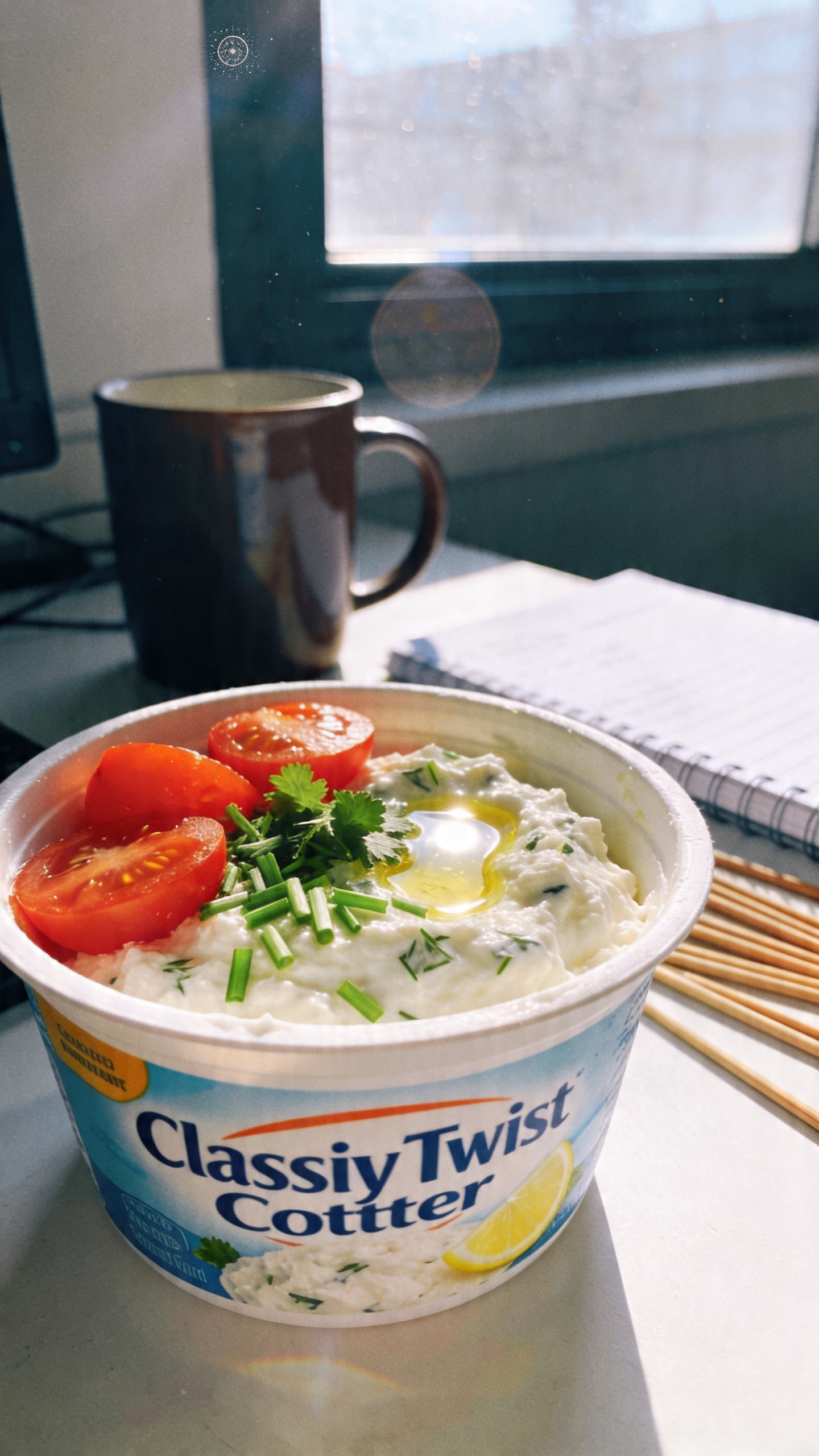 A candid, real-feeling photo of a bowl of Classic Creamy Twist cottage cheese with fresh herbs and cherry tomatoes as the main subject, photographed to look like an authentic iPhone snap. Set on a casual desk surface near natural window light, with a simple, unfussy background (coffee mug, a notebook, and scattered chopsticks or utensils). The cottage cheese is creamy and moist, with chopped chives and parsley visibly mixed in, plus halved cherry tomatoes for color. Drizzle of olive oil and a tiny squeeze of lemon are present as bright highlights on the surface. Slightly imperfect composition: a bit of tilt to the horizon, a small reflection from the window, and a tiny, visible fingerprint on the lens corner. Subtle grain and minor motion blur from a passing breeze or hand movement, giving a "shot quickly, no staging" feel. Color is natural and true-to-life, not overly saturated, with realistic lighting and shadows. No text on the image. The photo should resemble a casual, everyday lunch photo captured on an iPhone in 1080p quality, with slight overexposed highlights and a touch of lens flare from the window. Optional light post-processing hints: minimal sharpening, soft contrast, and a slight warm tint to mimic typical phone photography, but not overly polished.