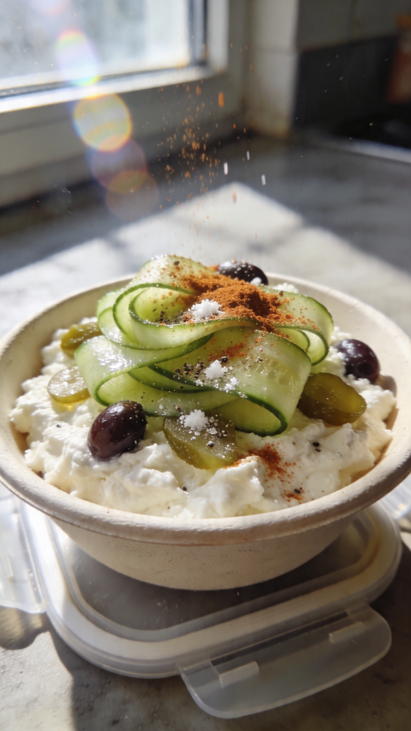 An authentic, casual photo of a cottage cheese lunch bowl featuring cottage cheese topped with cucumber ribbons and a dusting of smoked paprika, styled as a savory snack bowl. The main subject is the bowl, placed on a simple lunch container with toppings added separately, in a real kitchen or cafeteria counter setting. Use natural window light, with soft shadows and a slightly imperfect, lived-in vibe. Capture a shot quickly, in a hurry feel, as if grabbed during a workday, not staged. Include realistic phone-camera imperfections: a few overexposed highlights on the cucumber sheen, subtle lens flare from the window, minor motion blur from a slight hand shake, and a bit of grain in the darker areas. Horizon may tilt slightly and edges not perfectly crisp. No text or logos visible. The composition should feel candid and approachable, with cucumber ribbons visibly layered over cottage cheese, occasional olives or pickles as optional tangy accents, and a pinch of salt and pepper suggesting the seasoning. The image should resemble a real iPhone photo, 1080p-ish quality, without any studio lighting, cinematic or hyper-real descriptors, and avoid any AI-detection cues. Optional post-processing hint: slight, natural-looking blur or color shift that looks like a quick edit, but keep the overall authentic, unpolished feel. Do not include words in the image.