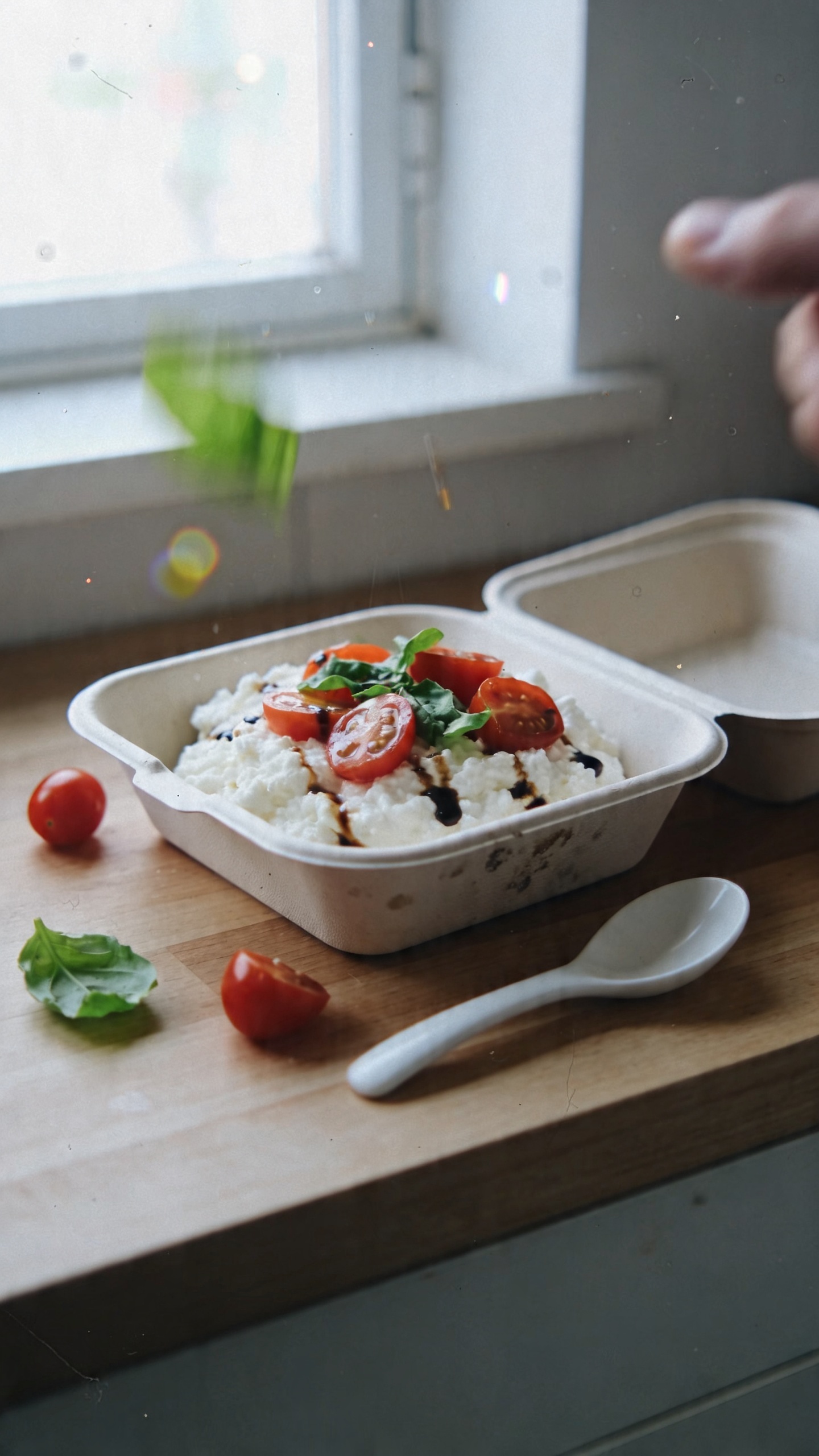 A photo of a Bruschetta-Style Cottage Cheese Bowl as the main subject, shown in a real-life lunch setup. The bowl sits in a casual, everyday lunch box on a wooden kitchen counter near a window with natural light streaming in. The cottage cheese is creamy and white, topped with halved cherry tomatoes and torn fresh basil, with a light drizzle of balsamic glaze visible. Surrounding elements include a small torn basil leaf, a few extra cherry tomatoes, and a white ceramic spoon resting nearby. The scene should feel unposed and authentic: a quick, taken-in-a-hurry vibe, as if packed for work. Natural window lighting, slight overexposed highlights on glossy balsamic, minor lens flare, and gentle grain from varying light. A slightly tilted horizon, minor motion blur on a passing napkin or utensil, fingerprint smudges on the lunch box, and a casual, imperfect composition. No text or branding on the image. Optional subtle post-processing hints: scaled down and up again, light sharpening and a very mild, flat color tone to resemble a real device photo. Shot quickly, no staging, 1080p quality, finger on the lens hintable by a tiny blur or glare.