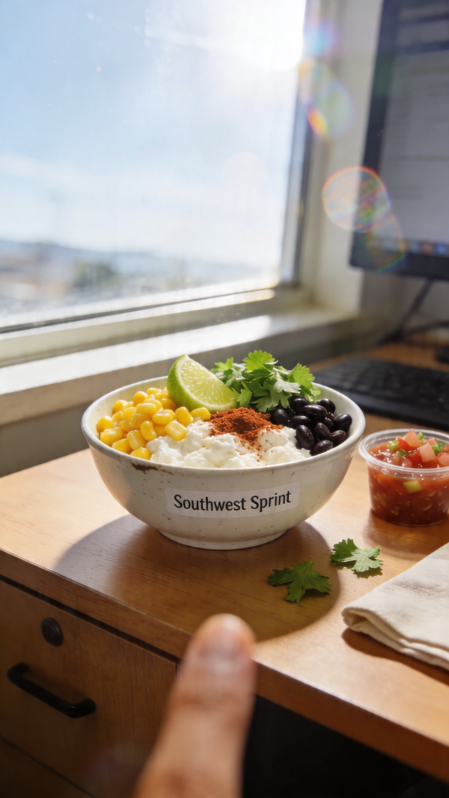 A real, authentic photo of a cottage cheese lunch bowl labeled “Southwest Sprint” on a simple desk setup, featuring cottage cheese topped with sweet corn kernels, black beans, and a squeeze of lime, with a pinch of chili powder and a handful of chopped cilantro. Include a small container of salsa or pico for dipping in the frame. Natural window light from the side, casually arranged: a slightly imperfect white bowl on a wooden desk, with a few cilantro leaves scattered, a folded napkin, and a faint reflection from a nearby window. The photo should feel like it was taken quickly, no staging, with a slightly tilted horizon, minor lens flare, and some overexposed highlights on the bright corn. Subtle grain and slight motion blur in the background to mimic real life. No text on the image. Camera vibe: iPhone shot, finger on the lens sometimes, implying a candid moment, compressed 1080p quality, screenshot-like realism. Optional tiny touch of post-processing that looks like a quick edit: minor contrast boost and slight color wash, but still clearly not polished or studio-grade.