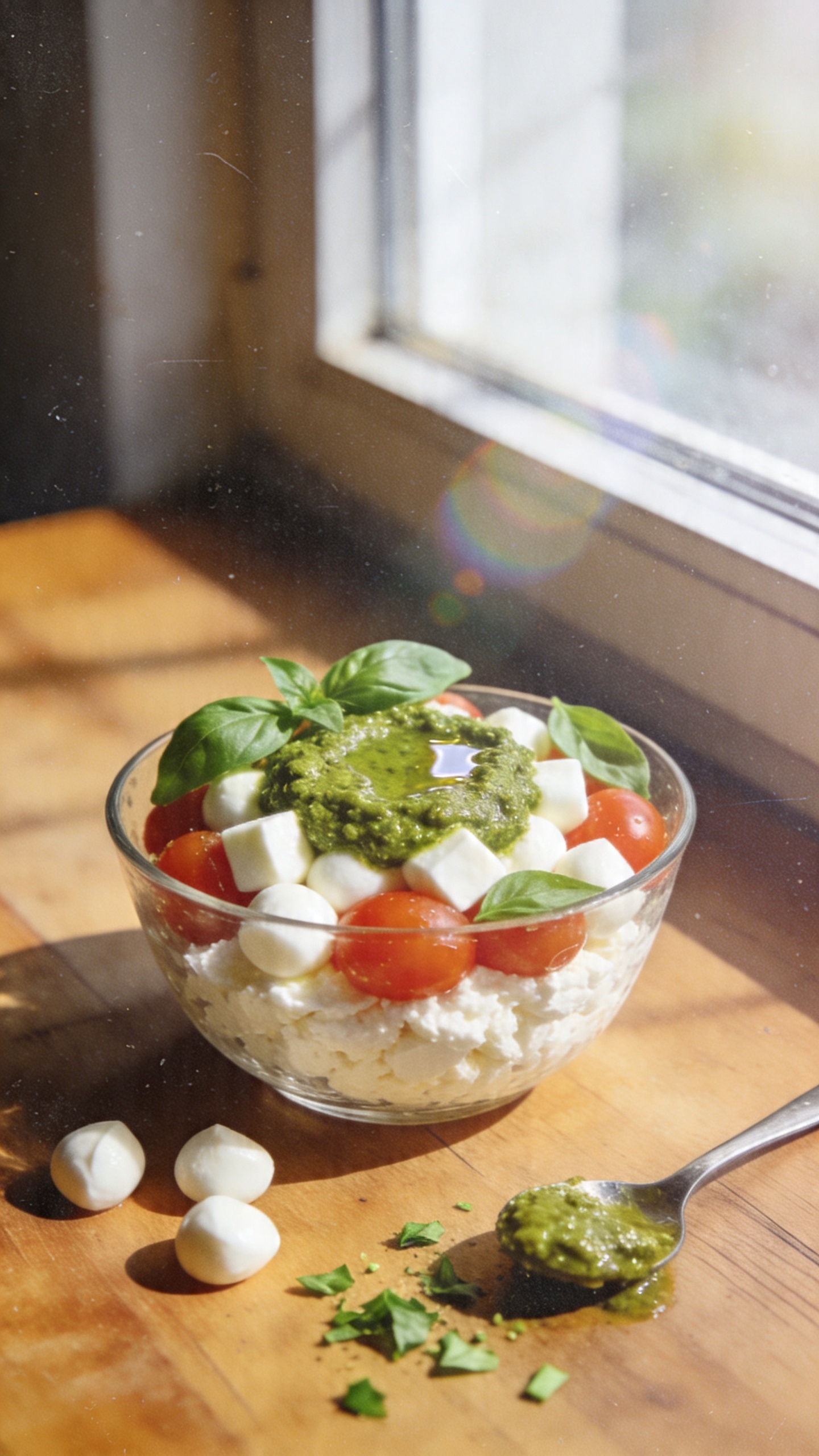 A real, authentic photo of Italian-Inspired Creamy Caprese: Cottage Cheese, Mozzarella, and Basil Pesto arranged as a casual lunch plate in a kitchen or dining nook. The main subject is the cottage cheese bowl layered with small mozzarella pearls or cubes, cherry tomatoes for brightness, and a dollop of vibrant green basil pesto, with fresh basil leaves scattered on top. The composition is simple and natural: a glass or ceramic bowl resting on a wooden table near a window, with soft natural window light casting gentle shadows. Include a few loose mozzarella pearls and a tiny spoon of pesto nearby, plus a light sprinkle of chopped basil for a perfume of green goodness. The scene should feel un-staged and everyday: no stylized props, a slightly imperfect, lived-in look. Capture slight imperfections: a tad overexposed highlights on the pesto sheen, a subtle lens flare from the window, minor motion blur from a casual hand reach or breeze, grain that varies with light, and a gently tilted horizon. The photo should read as an iPhone-shot moment—fingerprints on the lens, slight noise in the shadows, and a compressed, 1080p quality feel. No text, no captions, no watermark. Optional: a hint of post-processing that keeps it grounded and slightly less-than-perfect to avoid a hyper-polished appearance.
