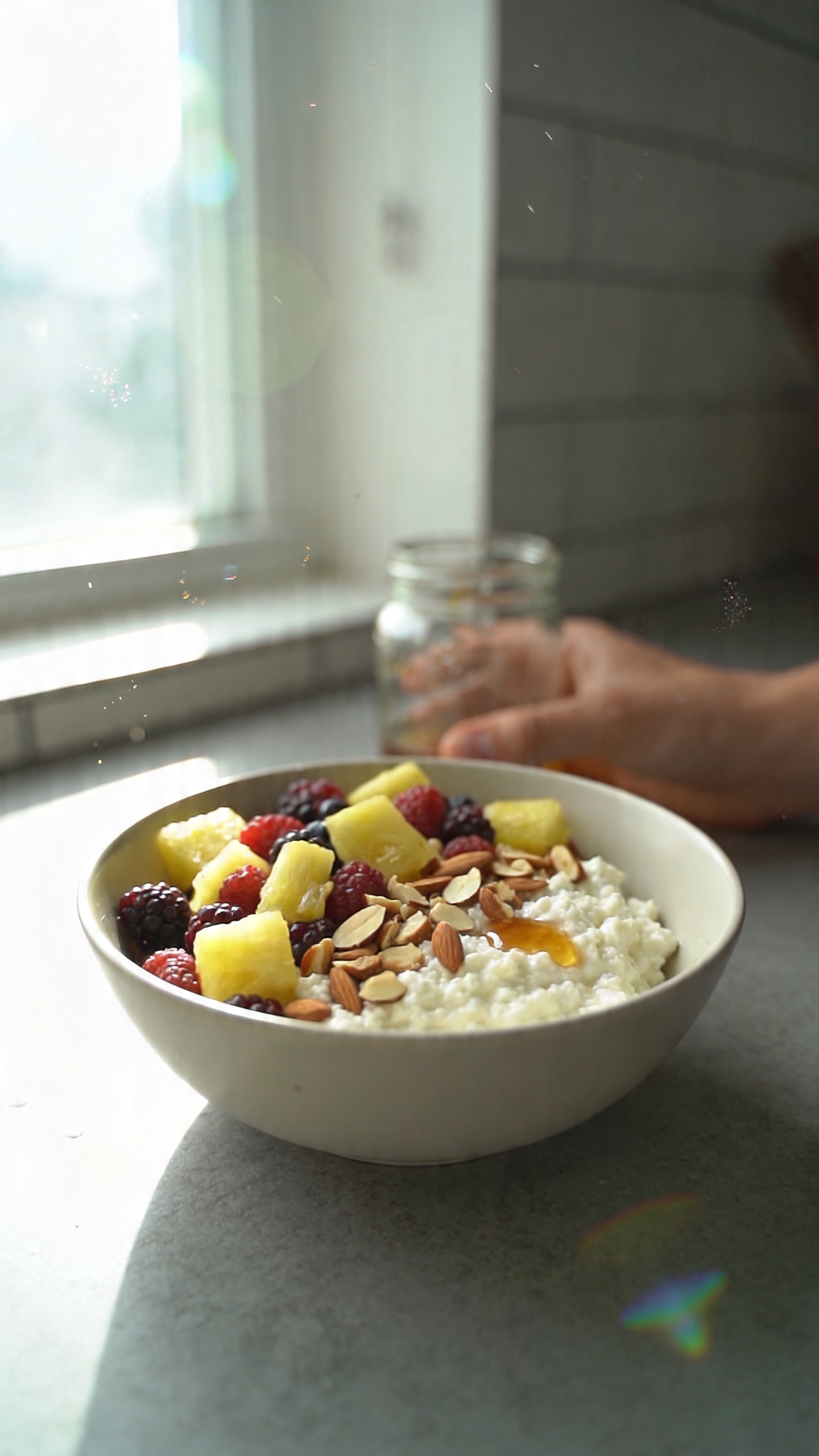 A real, authentic photo of cottage cheese with fruit and a tiny nut crunch for a lunch box, shot in a casual, take-it-as-you-go style. The main subject is the cottage cheese bowl sitting in a simple, everyday lunch setup with fresh berries or pineapple chunks, chopped almonds or walnuts sprinkled on top, and a tiny drizzle of honey or maple syrup. Natural window light from the side, relaxed kitchen or desk scene, no staging. Slight imperfections: the frame feels like it was taken quickly, with a finger or hand resting nearby, a few natural reflections on a glass jar, minor motion blur from a quick movement, and a small tilt to the horizon. Subtle grain from the lighting, faint overexposed highlights where the light hits the bowl, and a tiny lens flare in the corner. The image should resemble an iPhone photo, compressed 1080p quality, with no words or branding, no captions. Optional subtle post-processing hints: a gentle, slightly flat color look with minor smart blur and a hint of sharpening to mimic a casual handheld shot. No text, no AI-generated cues, just a realistic, everyday photo of cottage cheese with fruit and a light nut crunch ready for a work day lunchbox.