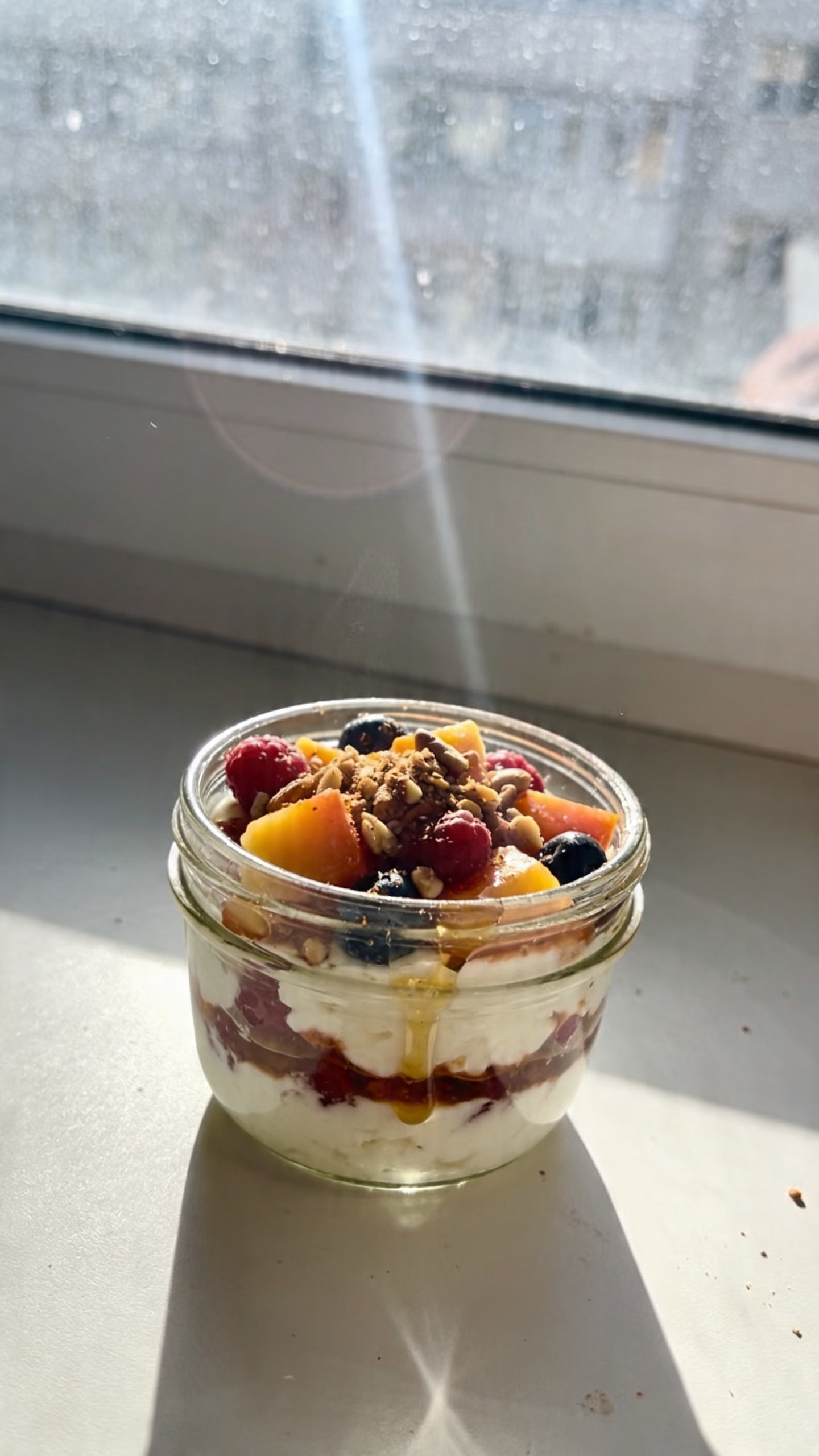 A real, authentic photo of a sweet and spicy cottage cheese parfait breakfast, focused on the main subject from the article title. Shot quickly in natural window light with casual composition, as if taken in a rush at home. The scene shows a mason jar or small bowl with a layered parfait: a cottage cheese base, fresh berries or diced peach, spiced nuts or granola, and a light drizzle of honey or maple syrup. Include slight imperfections: a fingerprint on the lens, a few natural reflections, and minor motion blur from a gentle hand movement. The horizon slightly tilted, mild overexposure on highlights, subtle lens flare from the window, grain variation from light, and a compressed, 1080p quality look. No staging or studio setup, no words or text in the image. Optional very light post-processing hints: minor smart blur with gentle sharpening and a flat recoloring, to reduce AI-detection while maintaining a natural, everyday photo feel.