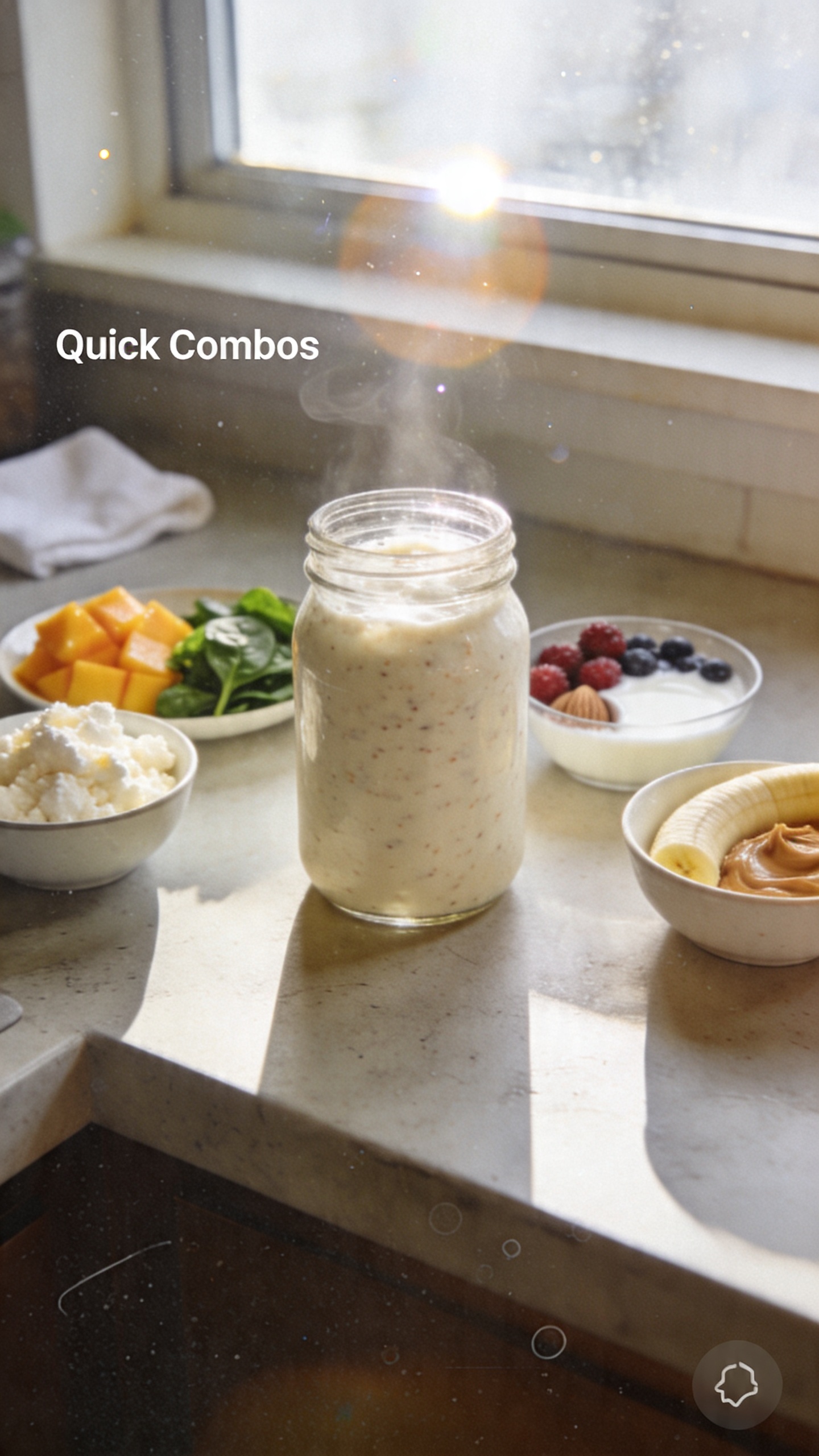 A real, authentic photo taken with an iPhone of a day-start kitchen scene featuring a high-protein cottage cheese smoothie in a mason jar with a creamy texture, placed on a casually set kitchen counter near a window. The jar is surrounded by Quick Combos: cottage cheese with frozen mango and spinach, cottage cheese with berries and a splash of almond milk, and cottage cheese with banana and peanut butter, subtly arranged in small bowls or ingredients nearby. The scene should feel un-staged, shot quickly in natural window light with a softly lit, everyday kitchen vibe. Include slight imperfections: a touch of overexposed highlights on the glass, natural lens flare from the window, minor motion blur from a passing napkin or steam, and a grain reminiscent of 1080p phone footage. Horizon slightly tilted, slight fingerprint smudge on the lens, and a casual, imperfect composition that conveys a rushed morning routine. No text on the image. Optional subtle post-processing hint: a light, whooshing of color grading that looks like it was scaled down and up again, with a small amount of smart blur and gentle sharpening, giving a flat, screenshot-like appearance without looking artificial.