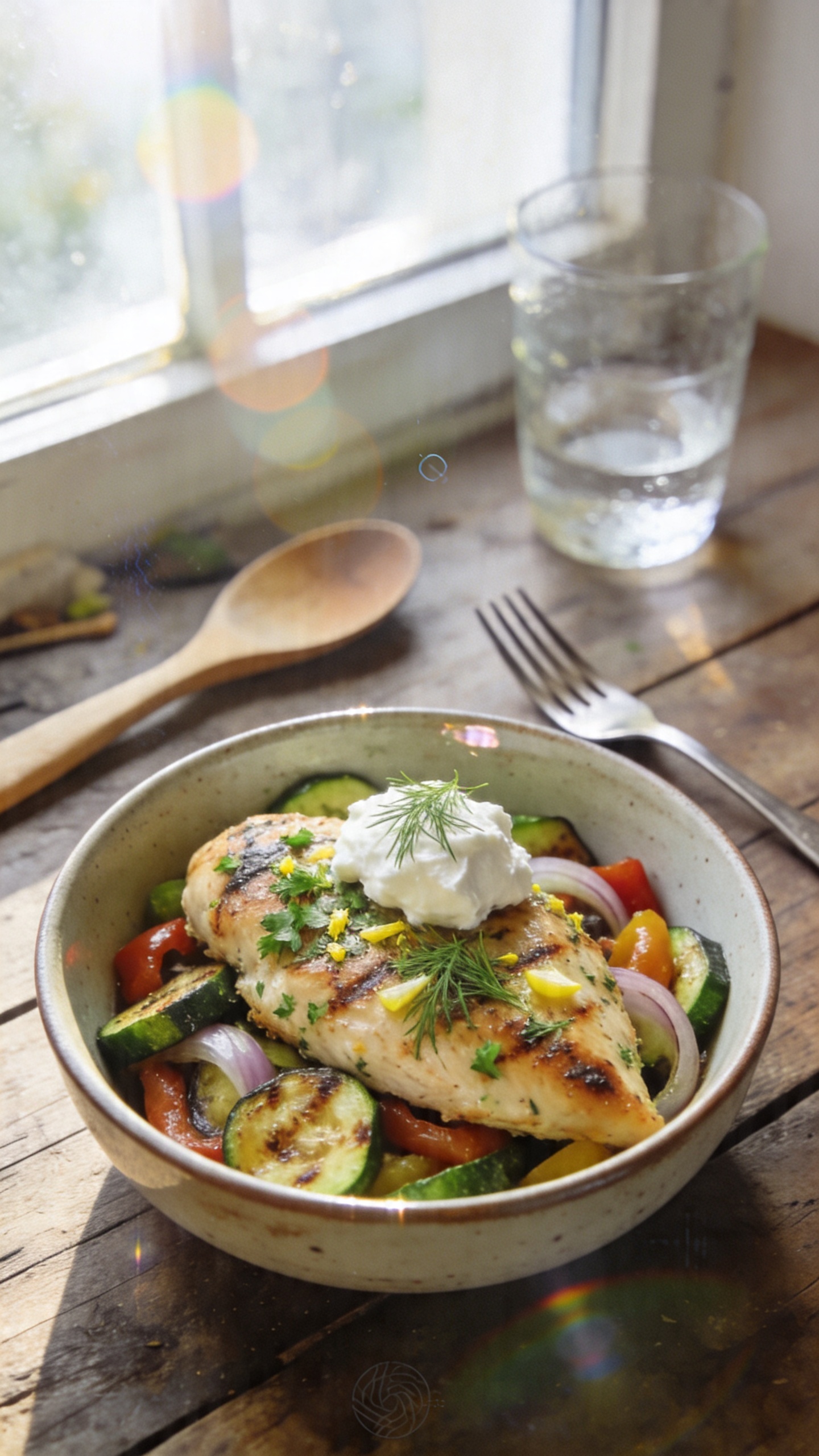 A real, authentic photo of a zesty herb-crusted chicken bowl with cottage cheese finishes, as described in the article title “4. Zesty Herb-Crusted Chicken Bowls with Cottage Cheese Finishes.” The main subject is the plated dish: grilled or baked chicken breast rubbed with parsley, dill, and lemon zest, nestled with roasted zucchini, peppers, and onions, topped with a small scoop of cottage cheese. The scene should look like a quick, casual kitchen shot taken with an iPhone, not staged or AI-generated, using natural window lighting. Composition is relaxed and slightly imperfect: a few natural clutter cues, a casually arranged bowl on a rustic table, maybe a fork resting nearby. Include realistic phone-camera imperfections: slight overexposed highlights from window light, a gentle lens flare, minor motion blur from a quick hand movement, and grain that varies with light. Horizon may be slightly tilted, with a fingerprint on the lens impression and minor reflections on the ceramic bowl. The image should feel like “shot quickly,” with “no staging,” and “screenshot quality” vibes, roughly 1080p in feel. No text or branding on the image. Optional subtle post-processing hints: a faint, imperfect color boost that looks natural, not overly processed, and a tiny touch of sharpening that preserves a candid look.