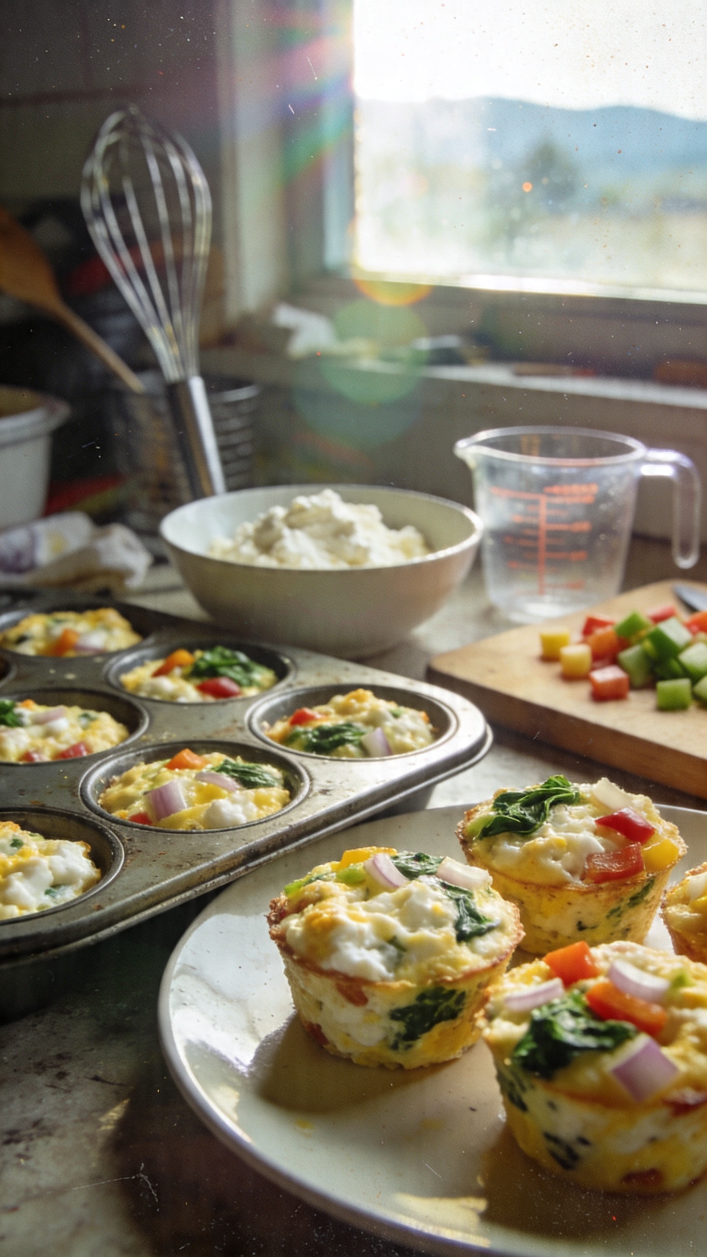 A real, authentic photo of power-packed cottage cheese egg muffins, focused on a warm, homemade breakfast scene. Shot quickly with natural window light, casual composition, and a slightly imperfect, real-life feel. The main subject is the muffins in a muffin tin or on a plate, showing fluffy texture and visible bits of spinach, peppers, and onions. Include a near-sense of kitchen clutter: a whisk, a bowl with cottage cheese, a measuring cup, and a cutting board with diced veggies in the background. Slight overexposed highlights from the window, gentle lens flare, minor motion blur from a quick handheld shot, and a touch of grain that varies with light. Horizon subtly tilted, no staging or studio setup, fingerprints or smudges on the lens in a natural way. The image should resemble a compressed 1080p quality, “taken in a hurry” vibe with no text, no branded elements, and no mention of AI generation. Optional subtle post-processing hints: slight smart blur with sharpening, modest color tweak to look like a casual phone photo.