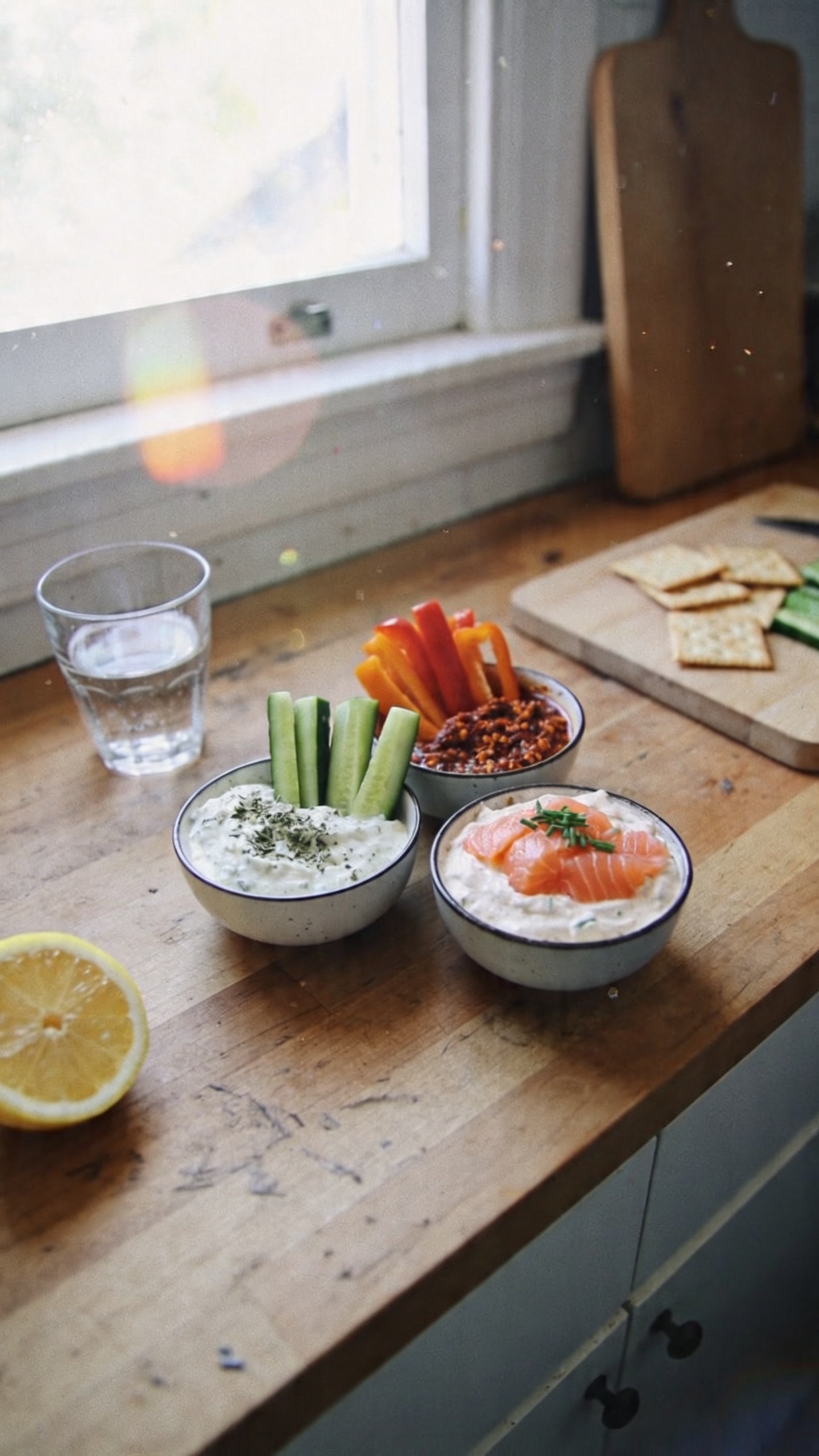 A casual, real-life kitchen scene featuring creamy cottage cheese dips as the main subject of the article title “6. Creamy Cottage Cheese Dips for Snack-Ready Meals.” The photo should look like an authentic iPhone shot: natural window light streaming in, imperfect composition, and a slightly candid feel as if snapped quickly while preparing snacks. Include a small spread of dip samplers in various bowls (herb-garlic dip with cucumber spears, spicy chipotle dip with bell pepper sticks, and smoked salmon with chives dip) placed on a wooden counter or kitchen island with visible textures. Surround with everyday items: a glass of water, a half-cut lemon, a cutting board, and a few crackers or veggie chips. Capture realistic phone imperfections: slight overexposed highlights from the window, subtle lens flare, minor motion blur from a quick reach, a faint tilt to the horizon, and a touch of grain to reflect 1080p quality. No text on the image. The scene should feel like “snack-time in progress” with no staging, as if photographed in a hurry with natural, unretouched colors. Optional subtle post-processing hint: keep the image looking natural, with a small hint of softening and a tiny touch of color balance to resemble a casual, unedited phone photo.