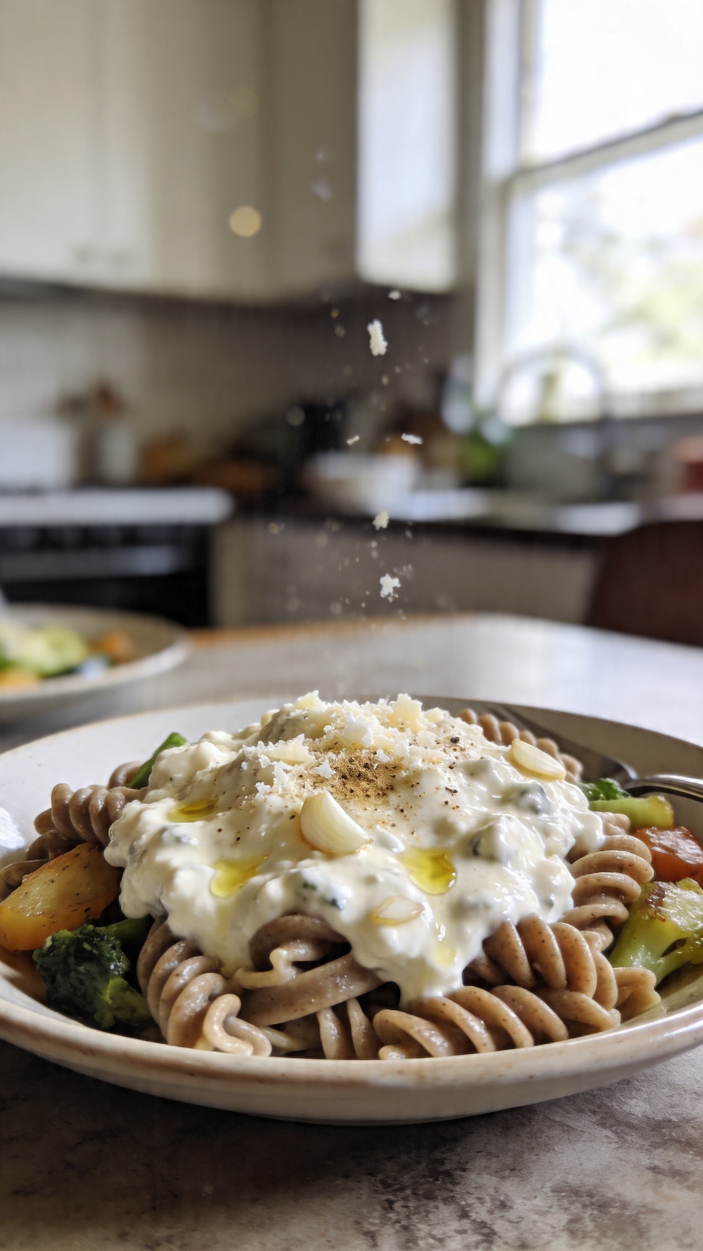 A real, authentic photo of a creamy cottage cheese Alfredo‑style pasta dish on a casual dinner table. The plate features whole‑grain pasta coated in a pale, creamy cottage cheese sauce with visible garlic, a splash of olive oil, and a light sprinkle of nutmeg, cracked pepper, and parmesan. The scene includes lightly sautéed vegetables tucked around the pasta. The setting looks like natural window light streaming in, with a slightly imperfect, lived‑in kitchen/dining area vibe. The photo should feel taken quickly, no staging: slight overexposed highlights from the window, a few natural lens imperfections, minor motion blur from a casual handheld shot, and a slightly tilted horizon. Gentle grain is visible, with variations in light giving a realistic 1080p quality. There should be no text on the image. Optional subtle post‑processing hints: slight smart blur with sharpening and a casual color touch to resemble a quick smartphone capture. The main subject is the cottage cheese pasta dish itself, presented as a comforting, high‑protein week dinner option, captured in an unpolished, authentic iPhone photo style.