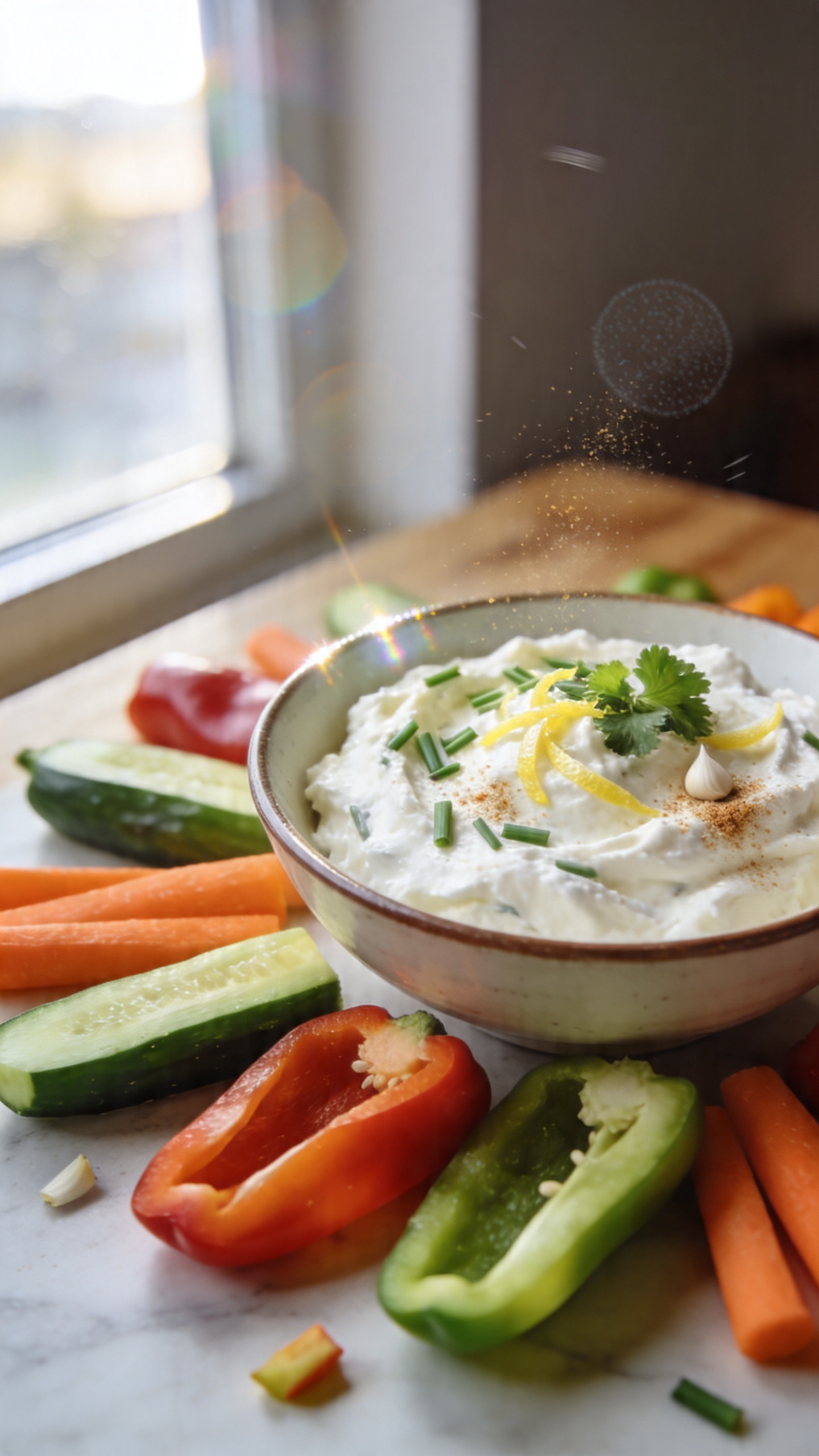A real, authentic photo of Savory Herbed Cottage Cheese Dip with Veggie Boats, featuring a bowl of whipped cottage cheese dip with chopped chives, parsley, lemon zest, and a pinch of garlic powder, surrounded by crisp veggie boats made from cucumber, bell pepper, and carrot sticks, all arranged on a simple, casual wooden or marble surface. The scene should include a shallow, natural look with window light coming from the side, slight overexposed highlights on the bowl rim and veggies, subtle lens flare, a minor tilt to the horizon, and a touch of grain to mimic 1080p phone-quality. Capture a no-staging, taken-in-a-hurry vibe: a few stray veggie pieces, a visible fingerprint on the lens, and slight motion blur from a quick breeze or movement. No text, no words on the image. Formerly “shot quickly, no staging, fingerprint on lens, compressed, 1080p quality,” with a casual composition and imperfect-but-authentic details. Optional light post-processing: very mild color shift and slight sharpening, but keep natural, non-studio look.