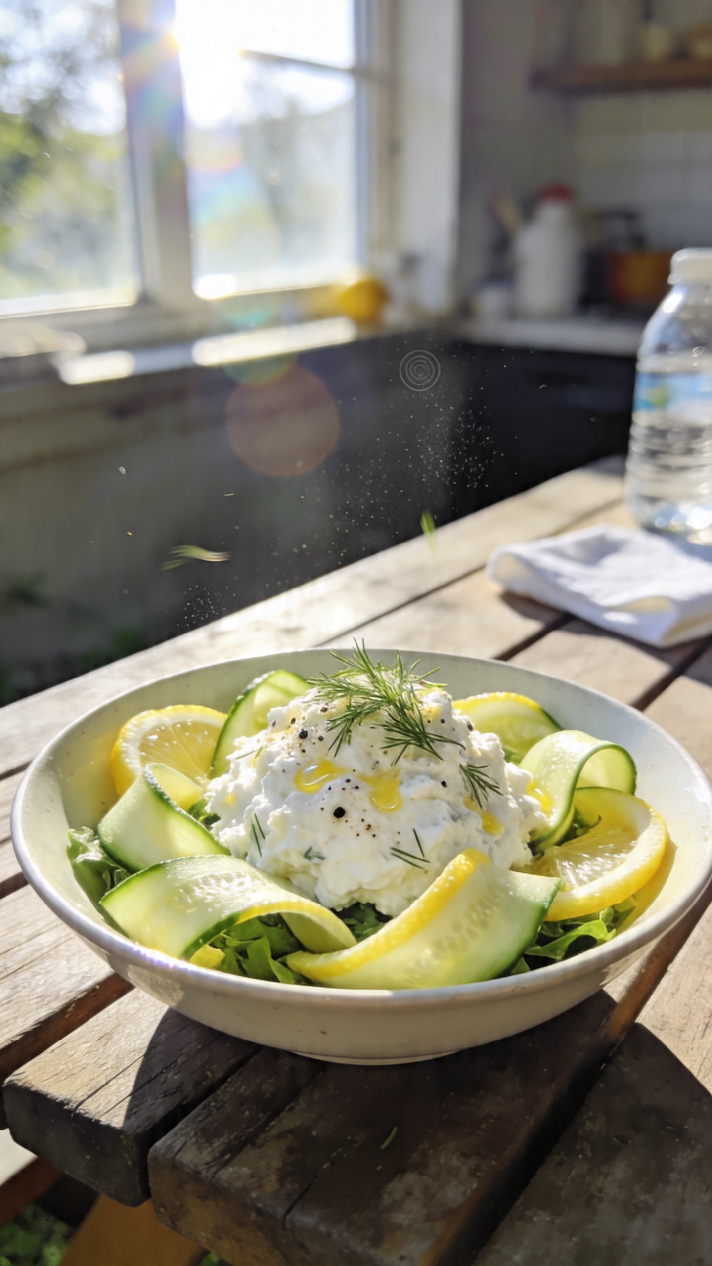 A real, authentic iPhone-style photo of a bright Zesty Lemon Cucumber Cottage Cheese Salad as the main subject, captured in natural window light with casual, imperfect composition. The bowl sits on a rustic picnic table outdoors, thin cucumber ribbons folded around a fluffy mound of cottage cheese tossed with fresh dill, lemon juice, and a touch of black pepper, with a few greens as a bed underneath. The scene is shot quickly, with no staging, showing a slightly overexposed highlight on the lemon and cucumber edges, a subtle lens flare from the window behind, minor motion blur from a gentle breeze, and a small, natural grain that varies with light. Horizon is gently tilted, background softly blurred but recognizable as a casual kitchen-turned-palate scene, maybe a blurred bottle of water and a napkin nearby. The photo should feel like a candid moment, a casual lunch on a sunny day, with no text visible on the image. Include fingerprint on camera lens hints and a slight compression to 1080p quality; no heavy editing or dramatic depth of field, just realistic, everyday texture and color. Optional subtle post-processing hint: a gentle, imperfect color tweak that keeps the natural look without revealing AI origins (described as “scaled down and up again, slight smart blur with sharpening”). No words, labels, or logos.