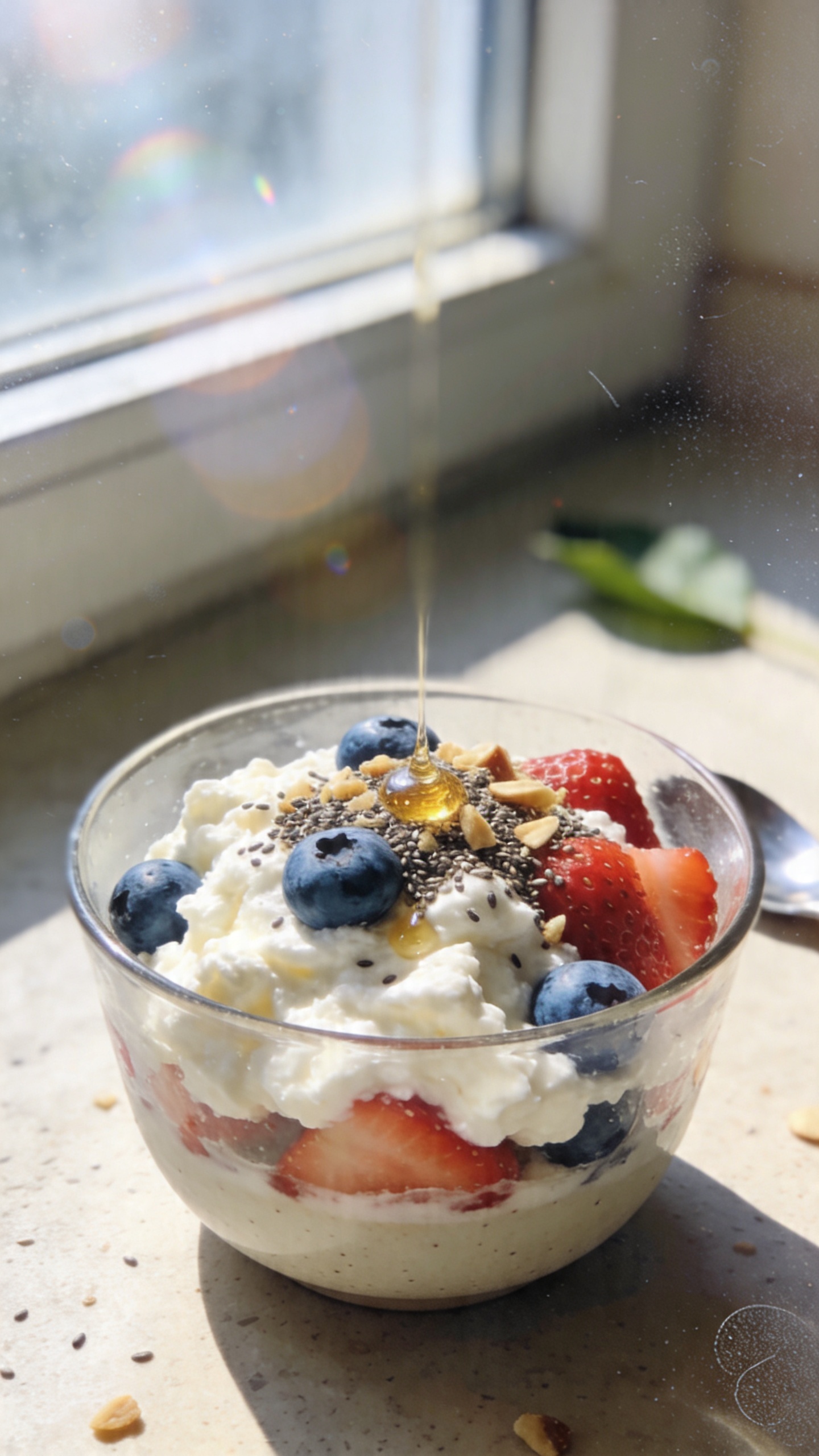 A real, authentic photo of a Sweet-and-Savory Cottage Cheese Parfait as the main subject, styled to look like it was captured in a casual, everyday moment. The parfait sits in a clear glass or simple ceramic bowl in a natural kitchen setting, with mixed berries and cottage cheese visible in separate textured layers: fluffy cottage cheese, bright blueberries and strawberries, a light sprinkling of chia seeds and crushed nuts, with a tiny honey drizzle glistening on top. The scene uses natural window light coming from the side, creating soft, imperfect shadows and a warm, inviting tone. The composition is casual and slightly imperfect: the bowl is not perfectly centered, a hint of countertop grain shows, and there may be a tiny tilt of the horizon. Slight, authentic phone-camera imperfections: a touch of overexposed highlights on the berries, a subtle lens flare from the window, minor motion blur on a leaf or spoon in the background, and a bit of grain that varies with the light. The image should feel like a quick snap, no staging, captured with an iPhone in 1080p-like quality, with a fingerprint or smudge on the lens edge for realism. No text on the image. Optional subtle post-processing hints: a light, natural-looking color shift to emphasize the berries and cottage cheese, with slight sharpening that keeps the scene looking like real camera footage rather than polished studio work. Overall vibe: a wholesome, simple, dessert-that-behaves itself parfait prepared as a casual dinner option.