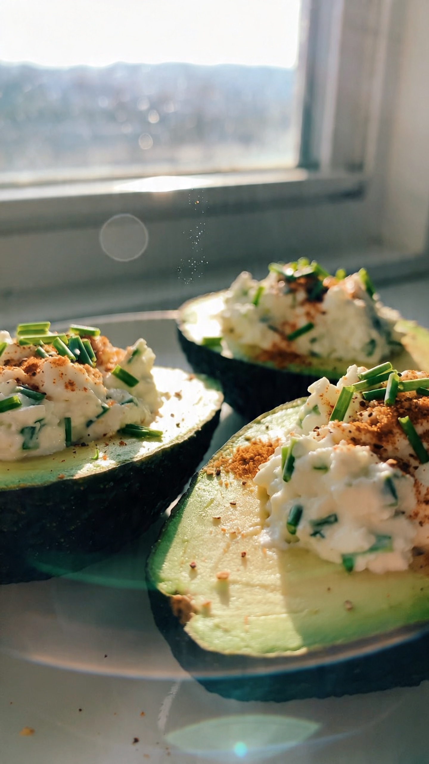 A real, authentic photo of Savory Garlic-Chive Cottage Cheese Stuffed Avocado, the main subject from the article title. Shot as if taken with an iPhone, with natural window light, casual composition, and a slightly imperfect, realistic feel. The scene shows halved avocado boats filled with a garlic‑chive cottage cheese blend, sprinkled with paprika and pepper, ready as a fancy lunch or hearty snack. Include a casual, no‑staging vibe: a quick, in‑the‑moment snapshot with slightly overexposed highlights, gentle lens flare from the window, and maybe a tiny motion blur from a hand movement. Subtle grain that matches the light, a slightly tilted horizon, and minor camera imperfections like a fingerprint on the lens. The image should feel compressed, 1080p quality, as if taken spontaneously and not heavily edited. No text on the image. Optional light post‑processing hints: small smart blur or slight recolor with a flat, utility look, but keep it natural.