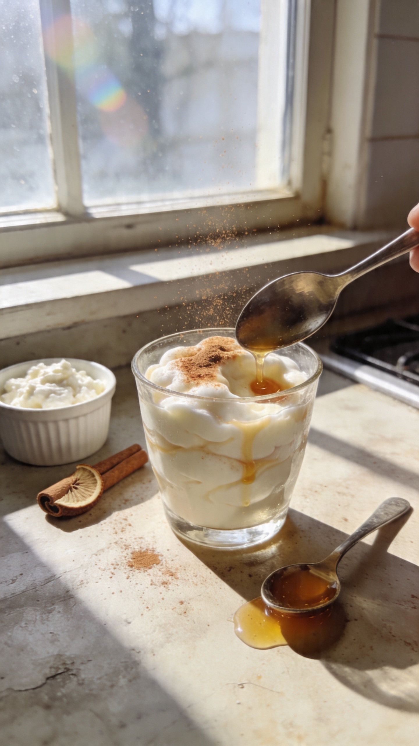 A real, authentic photo of a creamy Cinnamon-Sugar Cloud Pudding scene inspired by cottage cheese-based high-protein desserts. The main subject is a softly set, cloud-like pudding in a simple glass dessert cup, topped with a delicate dusting of cinnamon and a light drizzle of maple syrup. The cup rests on a rustic kitchen counter near a window, with natural daylight streaming in and casting gentle shadows. Show the creamy texture of the pudding through the translucent cup, hinting at a smooth, silk-like interior. Surroundings include a small ramekin of cottage cheese, a half-sliced cinnamon stick, and a tiny teaspoon with a splash of honey, all in a casual, imperfect arrangement. Capture a hypothetical moment of someone quietly enjoying a quick, healthy treat—perhaps a spoon poised about to dive into the pudding. The scene should feel spontaneous and lived-in, with slightly overexposed highlights from the window, a faint lens flare, and a touch of motion blur from a quick, candid shot. Include natural grain and a slightly tilted horizon to reinforce the casual, “shot quickly, no staging” vibe. Maintain a compressed, 1080p quality look, with fingerprint smudges on the lens and minor color variation that hints at everyday life. No text on the image.
