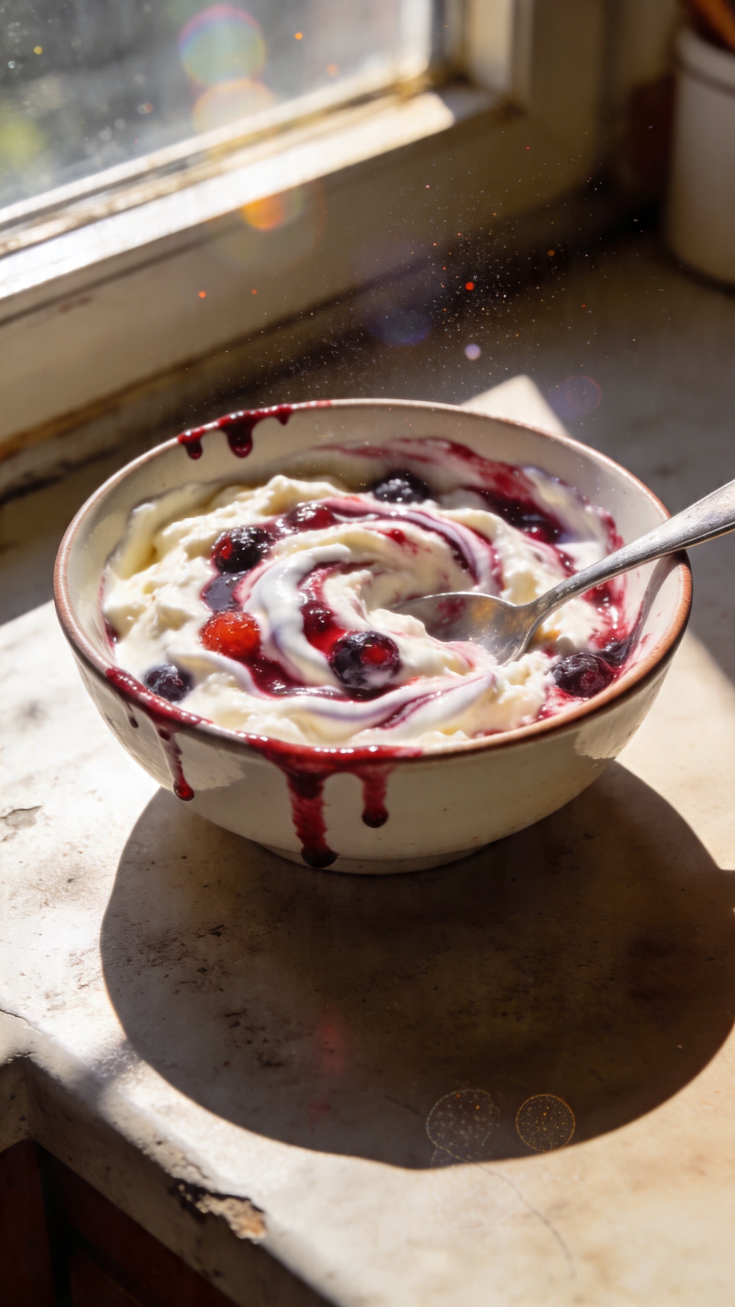 A real, authentic photo of a bowl of Vanilla Berry Cheesecake Sprint using cottage cheese-based swirl, placed on a rustic kitchen counter by a sunny window. The bowl shows a velvety, cheesecake-like swirl with visible brightberries and a tangy Greek yogurt ribbon, captured as if someone mixed it quickly after a workout. Casual, imperfect composition: slight tilt, a few berry drips on the rim, and a spoon resting in the bowl. Natural window light creates warm highlights and soft shadows, with subtle overexposed spots on the glossy berry glaze. A phones-camera vibe: slight lens flare from the window, minor motion blur on the spoon tip, tiny grain in darker areas, fingerprint smudge on the lens edge, and a tiny horizon tilt suggesting it was shot in a hurry. No staging, no text, no artificial setup. Compressed look, 1080p quality, no deep depth of field, just a candid, everyday kitchen moment that feels like a quick Instagram post after making a high-protein dessert. Optional light post-processing to mimic a casual crop and gentle color tweak, but still keeping a natural, unpolished feel.