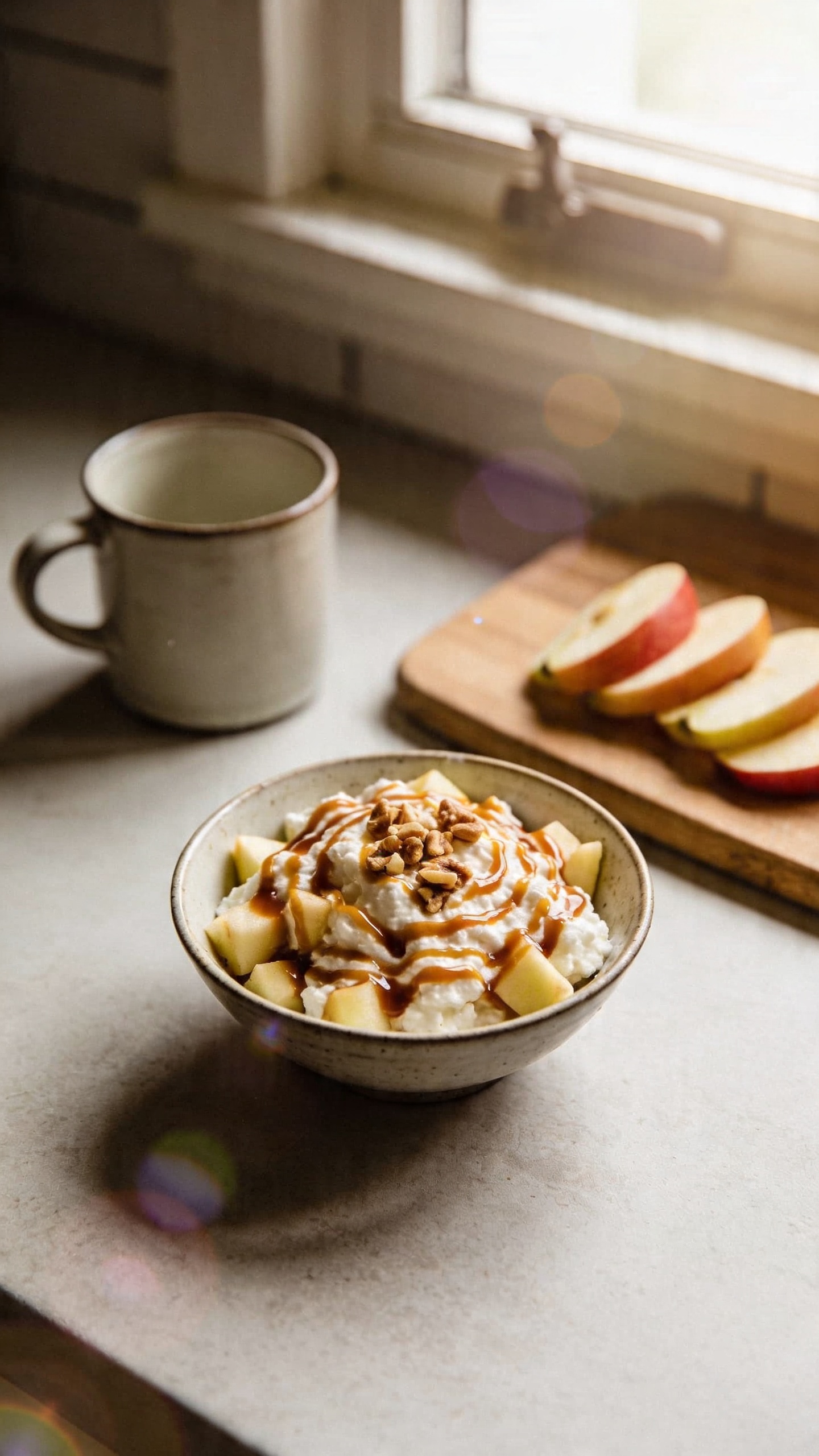 A real, authentic photo of a cottage cheese caramel apple spinner serving in a casual kitchen setting. The main subject is a small bowl of creamy cottage cheese mixed with diced apples, swirled with caramel sauce and light drizzle, topped with tiny chopped walnuts. The scene should convey autumn vibes from the bowl itself, with warm caramel tones and apple specks visible. Use natural window light streaming from the side to create soft shadows and a cozy, homey feel. The background includes a simple kitchen counter, a mug, and a wooden cutting board with a few apple slices to hint at ingredients, all in slightly imperfect arrangement. Shot quickly, no staging, as if grabbed in the moment. Slight overexposed highlights on the caramel, a gentle lens flare from the window, minor motion blur from a casual brush or hand movement, and a touch of grain consistent with 1080p phone capture. The horizon is slightly tilted, and there may be fingerprint on the lens for authenticity. The image should read as a candid, everyday kitchen moment: no words, no text, no staged studio lighting, just a real iPhone photo. Optional subtle post-processing hints: minimal, like a slight filter that reduces AI detection but keeps natural look, with a tiny bit of sharpening but not overdone. Avoid any mention of cinematic, 8k, ultra realistic, hyper realistic, professional photography, studio lighting, depth of field, or perfect composition.