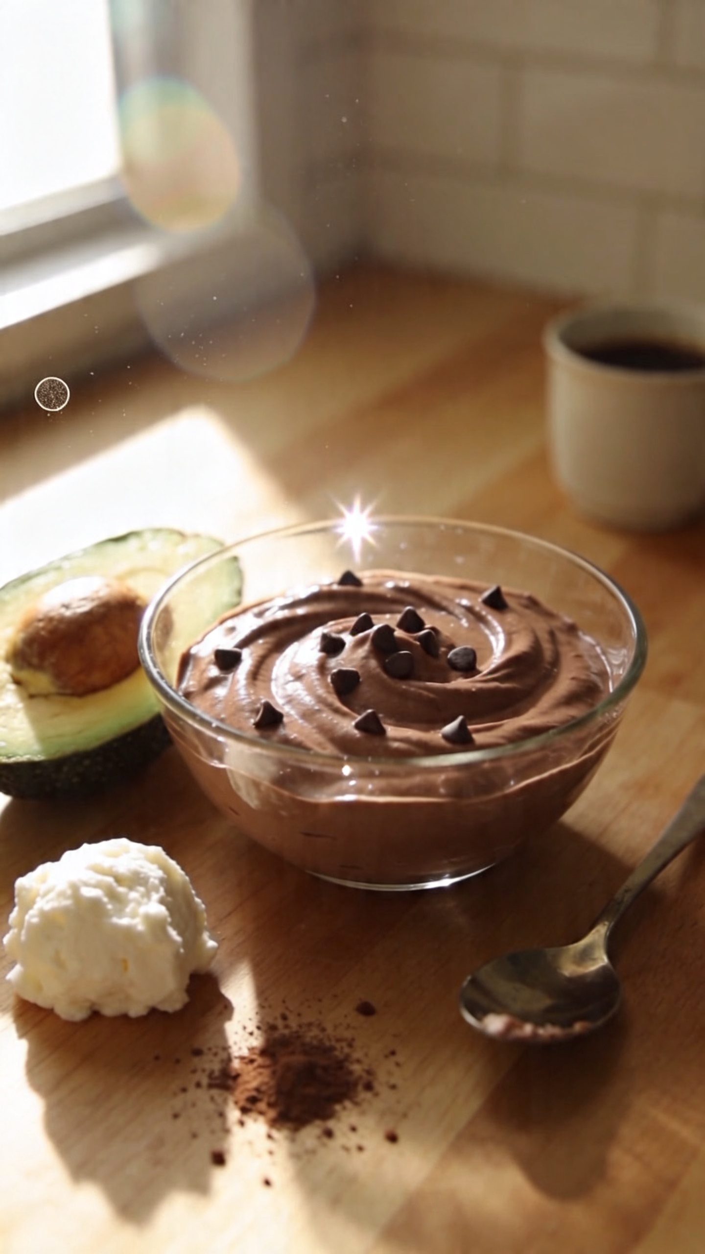 A real, authentic photo of a creamy chocolate avocado cottage cheese dessert served in a simple glass bowl on a wooden kitchen counter, with the main subject reflecting the "Chocolate Avocado Velvet" concept. The bowl contains a smooth, velvety chocolate mixture swirled with tiny dark chocolate chips visible on the surface, set beside a halved ripe avocado and a small scoop of cottage cheese to hint at the base. Natural window light from the left creates gentle shadows and a warm, inviting glow. Casual, imperfect composition: the bowl slightly off-center, a spoon resting nearby, a faint coffee cup in the background, and a few tiny splashes of cocoa powder on the counter for realism. Slight overexposed highlights on the glossy bowl rim and a subtle lens flare from the window add to the candid feel. Minor motion blur on the edge of the spoon and a slight tilt to the horizon convey a rushed, everyday moment. Grain varies with light to mimic phone-camera noise, with a compressed, 1080p quality look and a small fingerprint smudge on the lens edge. No text, no titles, no staged elements—shot quickly, no staging, fingerpr int on lens, no dramatic lighting, just natural, everyday realism. Optional subtle post-processing hints: a tiny bit of smart blur and a light desaturation to mimic casual iPhone adjustments, but nothing that reads as artificial.