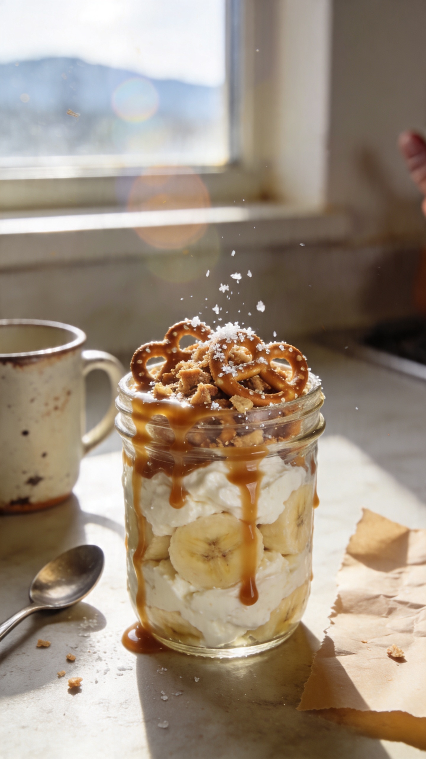 A real, authentic photo-style image for the dish “Salted Caramel Banana Bliss” from an article about 10 Cottage Cheese Ninja Creami Recipes. The main subject should be the dish itself, clearly featuring cottage cheese folded with mashed banana, with a drizzle of salted caramel and a crunchy topping of crushed pretzels or cereal. The shot should feel casual and natural, as if taken with an iPhone, not staged or AI-generated. Use natural window light to illuminate the bowl or glass container, with soft, warm daylight streaming in. Compose the scene with a casual breakfast or post-workout snack vibe: a simple kitchen counter or wooden table, a mismatched set of props like a chipped mug, a small spoon, a sprinkle of flaky salt visible on top, and maybe a torn parchment or napkin nearby. Slight imperfections to convey realism: a touch of overexposed highlights on the caramel, gentle lens flare from the window, a tiny bit of motion blur from a casual hand movement, grain that varies with light, and a subtly tilted horizon from the casual angle. No staging or perfect symmetry; the photo should feel like it was shot quickly, in a hurry, with a fingerprint on the lens and a slightly imperfect focus. The image should be 1080p quality, color-accurate, and free of text or watermarks. Optional subtle post-processing hints: a light crop, slight smart blur with gentle sharpening, and color tweaks to look natural rather than hyper-polished. Avoid words like cinematic, 8k, ultra realistic, etc. The main subject must be clearly identifiable as cottage cheese with mashed banana and salted caramel, on or beside a bowl or jar, with the texture and crunch from the toppings visible. No text on the image.